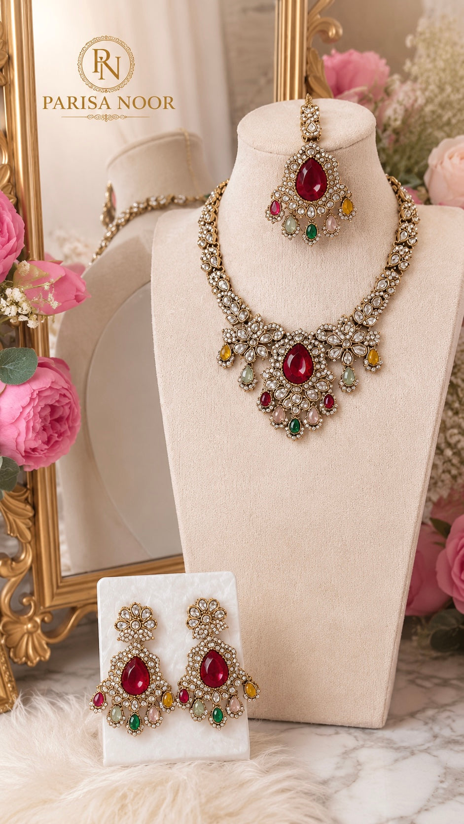 Anaya Multi Kundan Zircon Necklace Set with Teeka