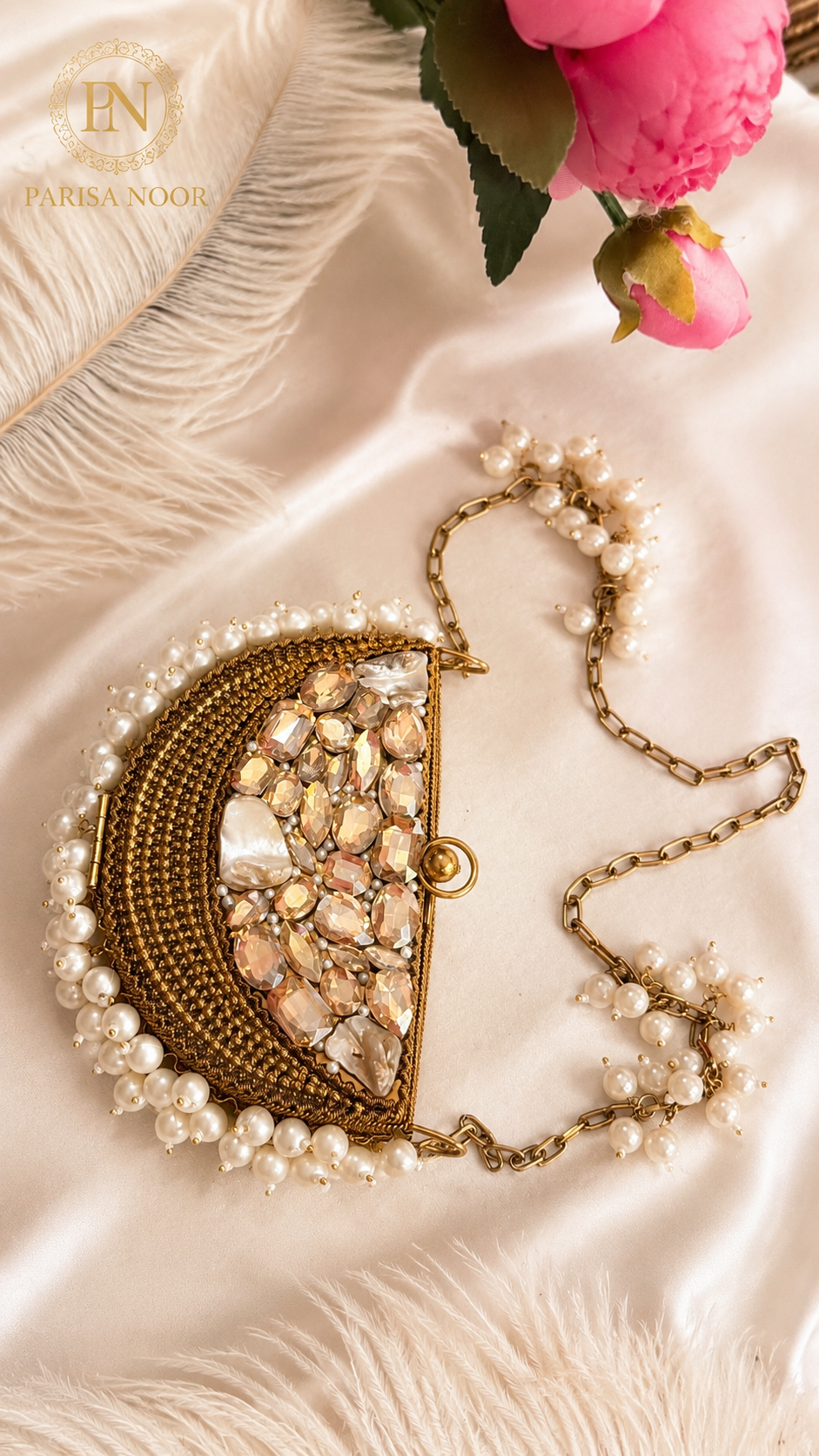 Luna Luxe Half Moon Pearl Crystal Mini Clutch