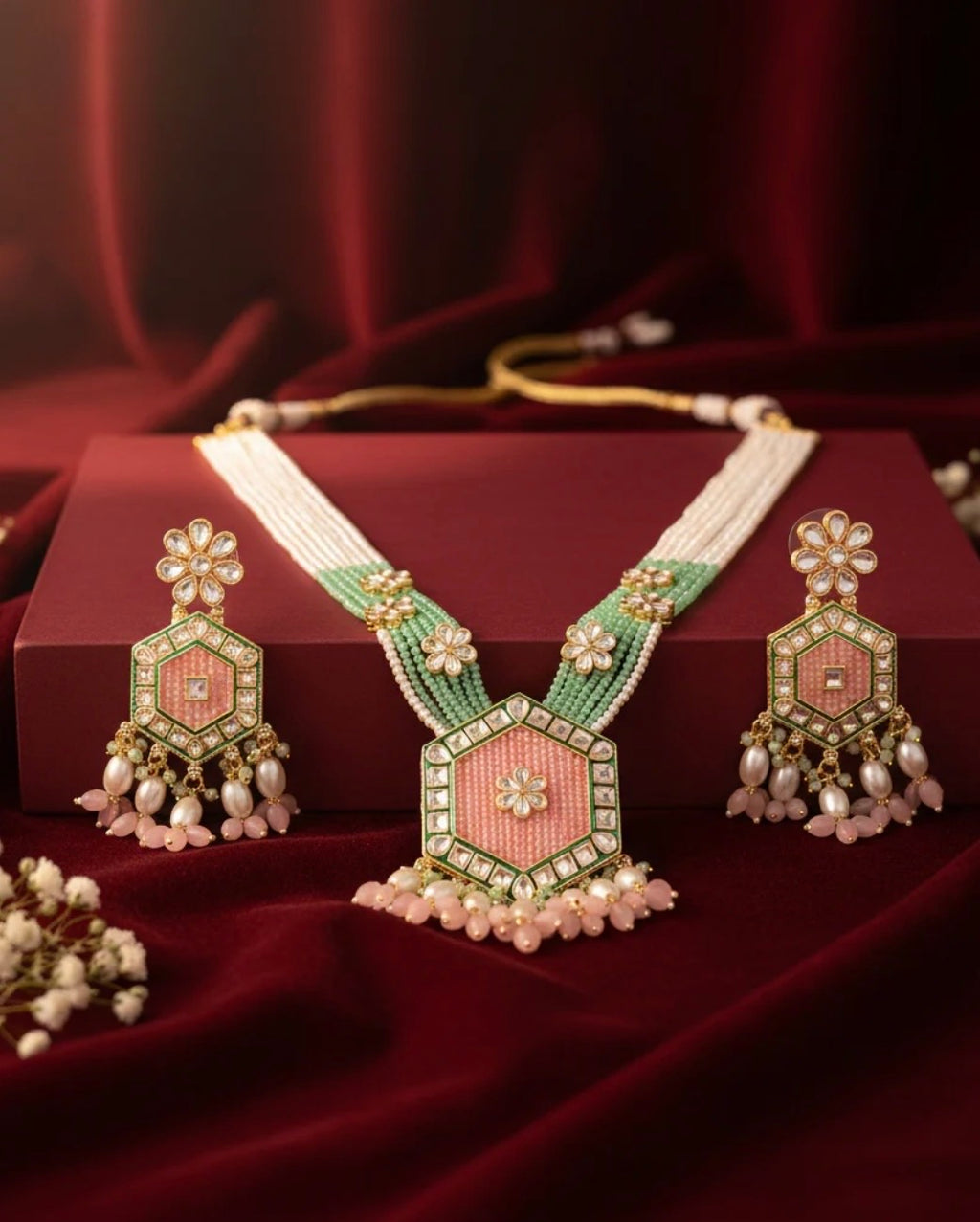 Monica Blush Mint Neelika Long Necklace Set with Earring