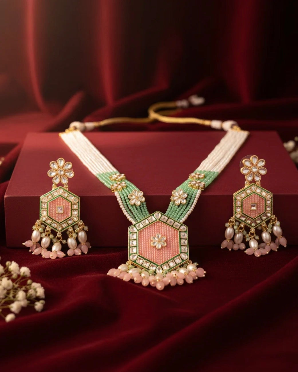 Monica Blush Mint Neelika Long Necklace Set with Earring