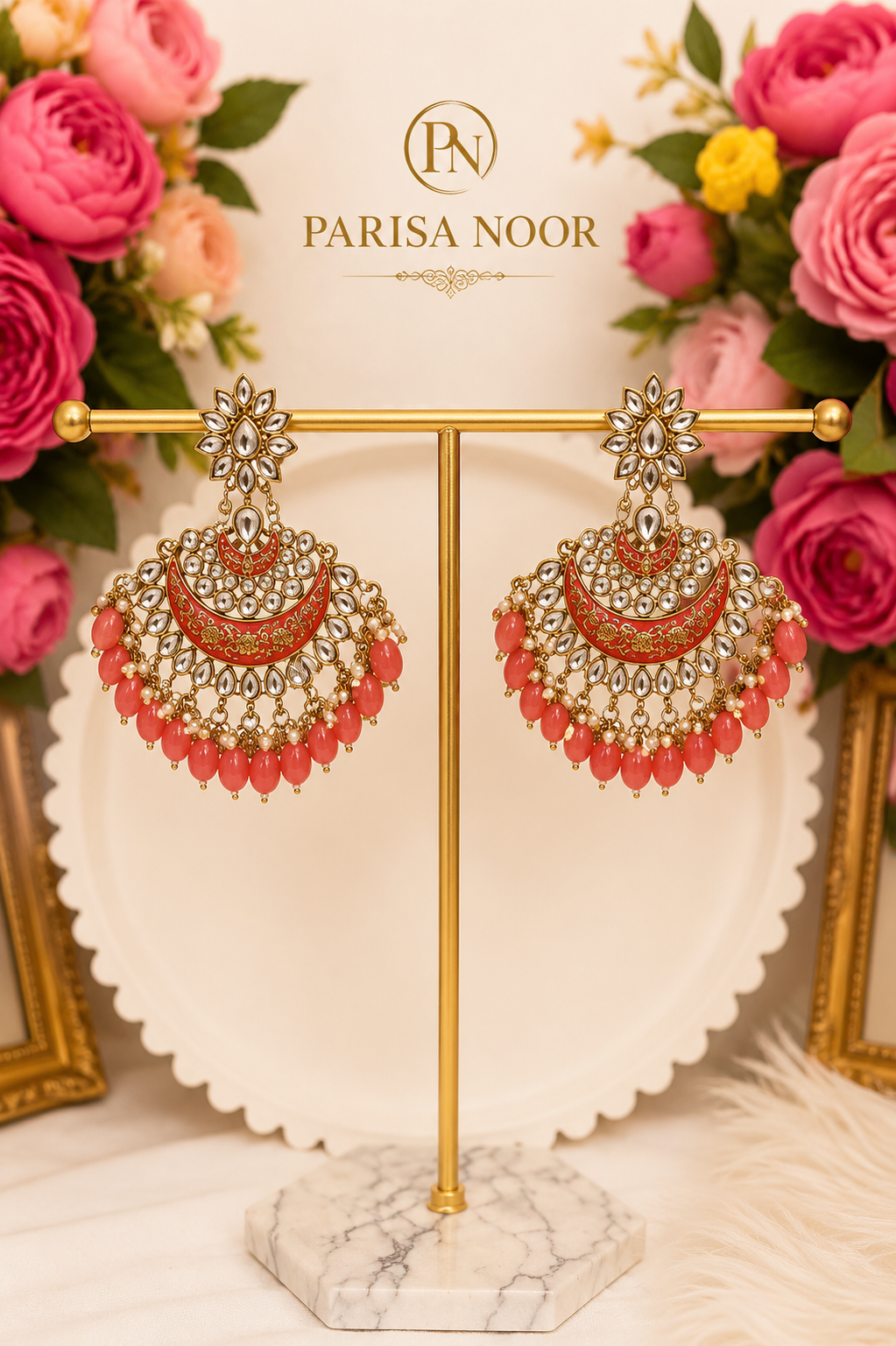 Rimjhim Kundan Meenakari Chandbali Earrings Coral Pink
