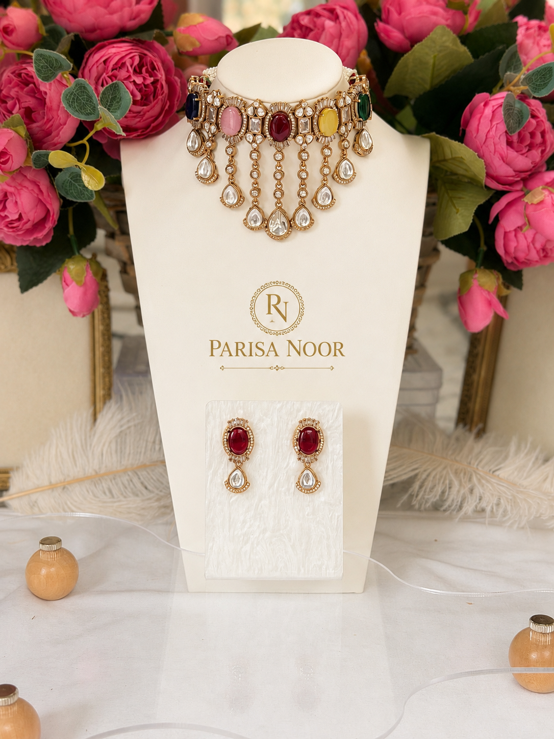 Zareefa Multicolour Waterfall Kundan Necklace Set