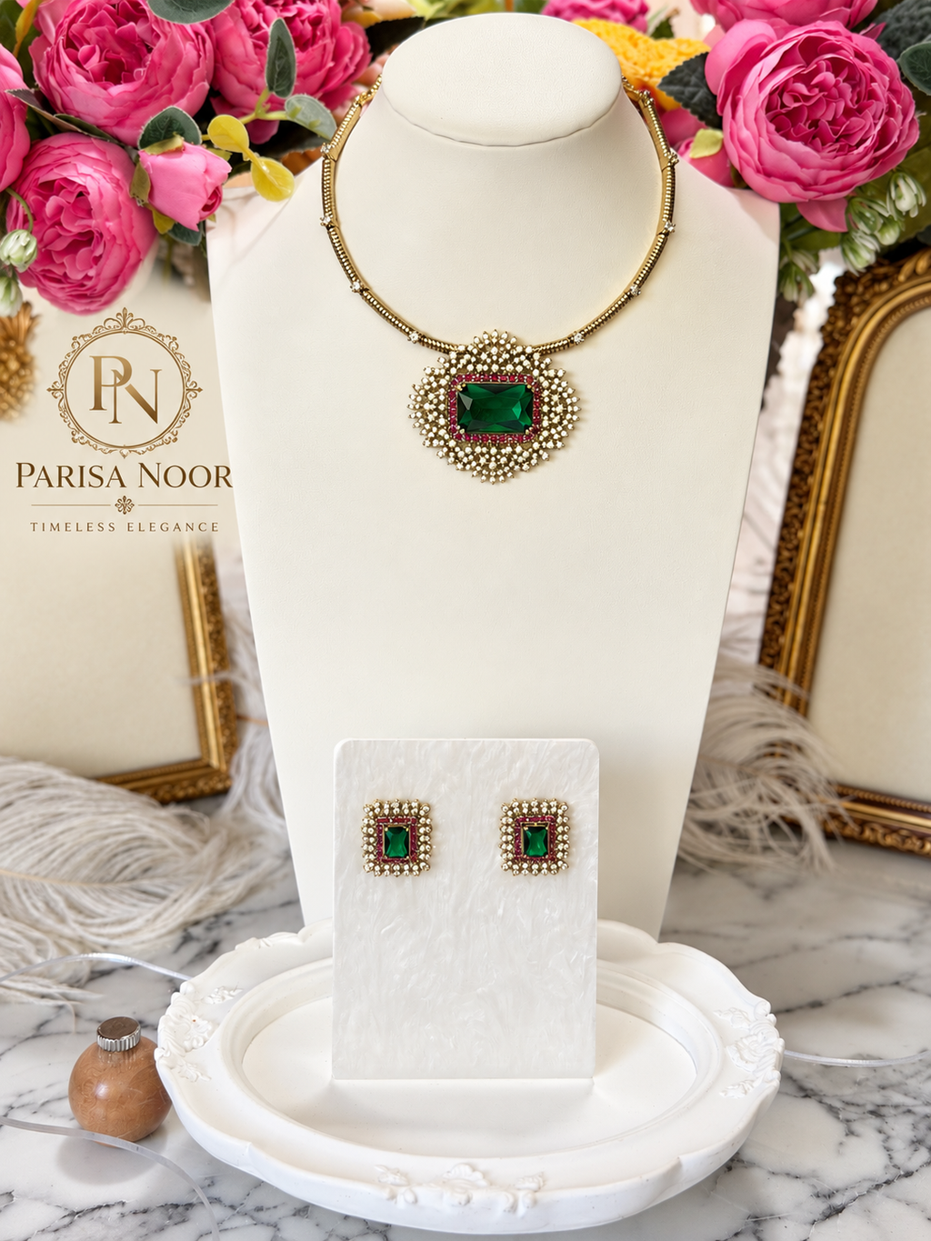 Mahira Emerald Designer Hasli Necklace Set