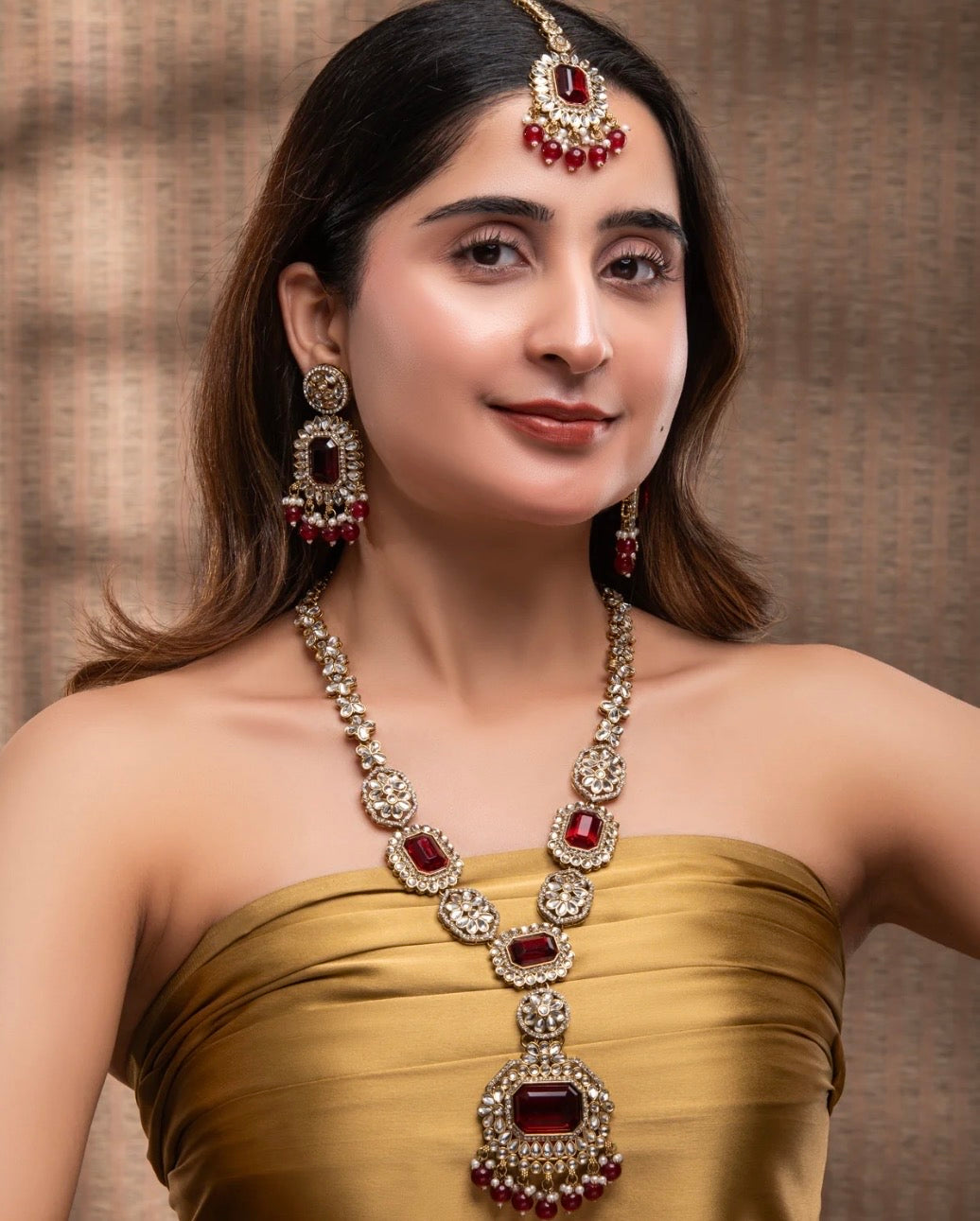 Shalimar Red Premium Polki Long Necklace with Earring and Teeka