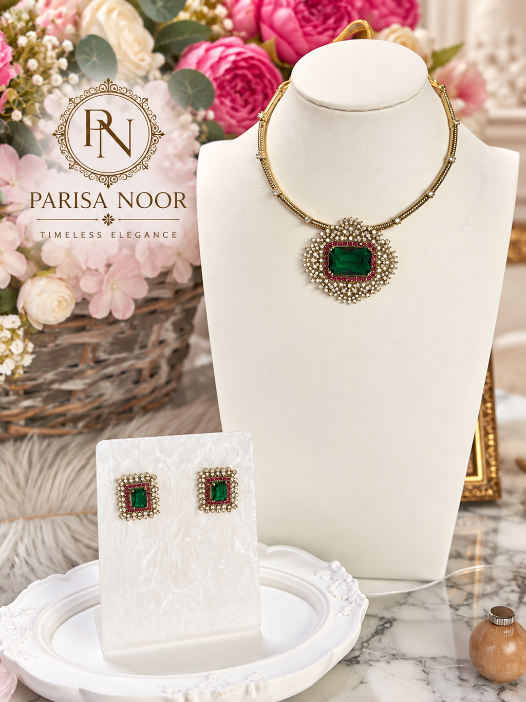 Mahira Emerald Designer Hasli Necklace Set