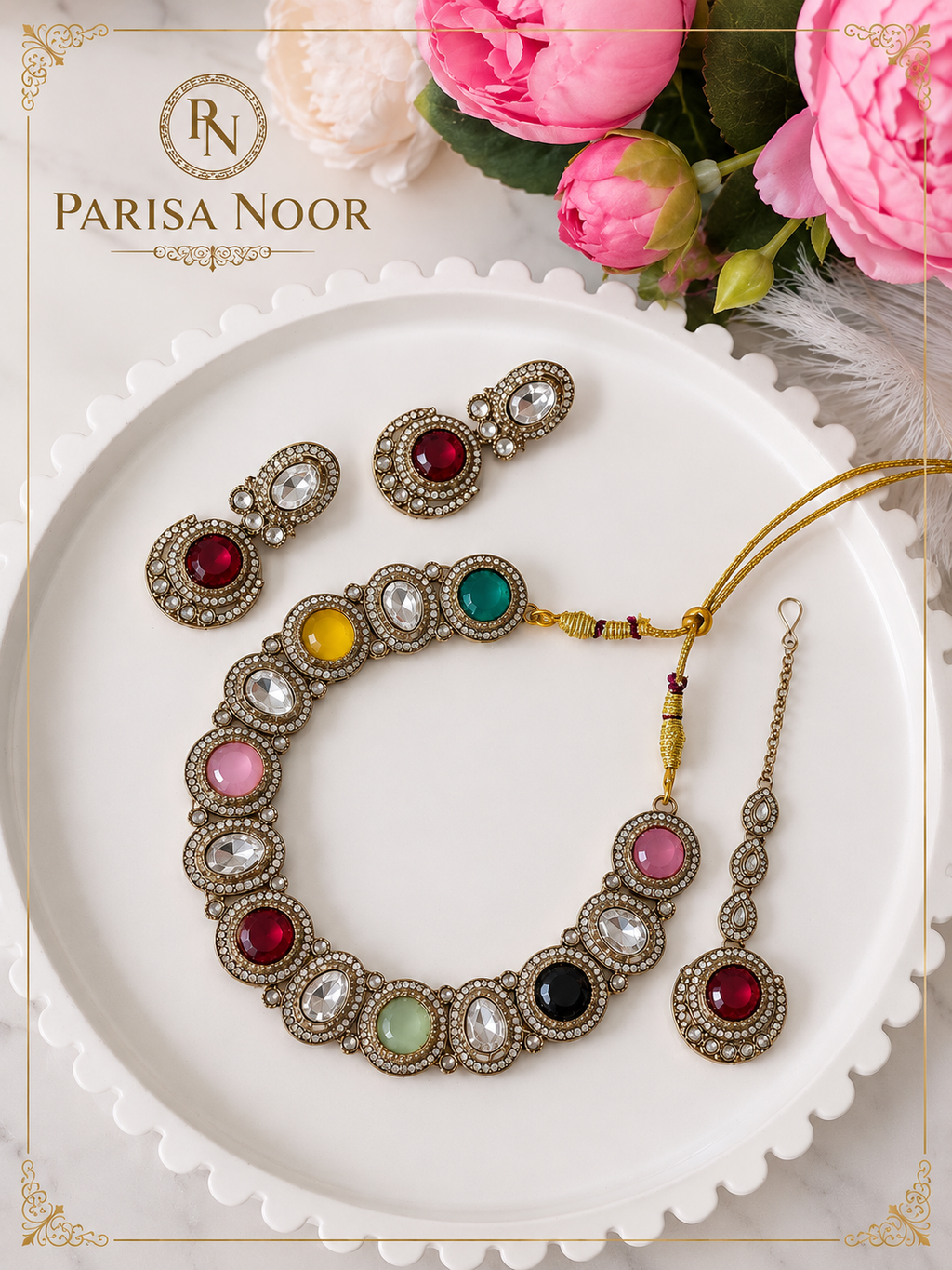 Saran Multicolour Luxury Polki Kundan Necklace Set