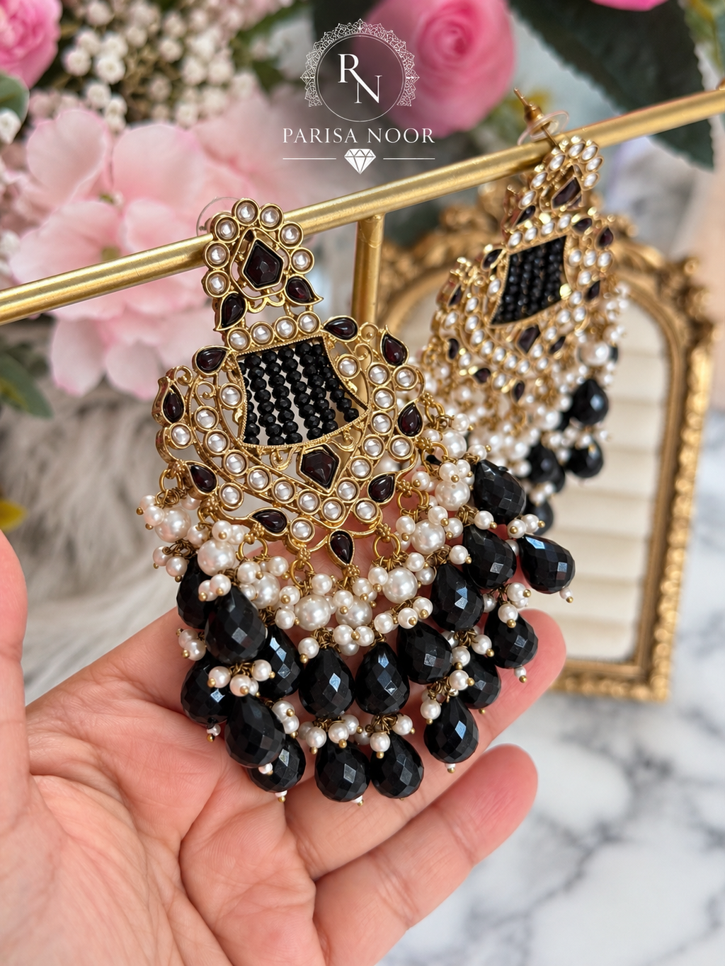 Kavira Black Kundan Pearl Chandbali Earrings