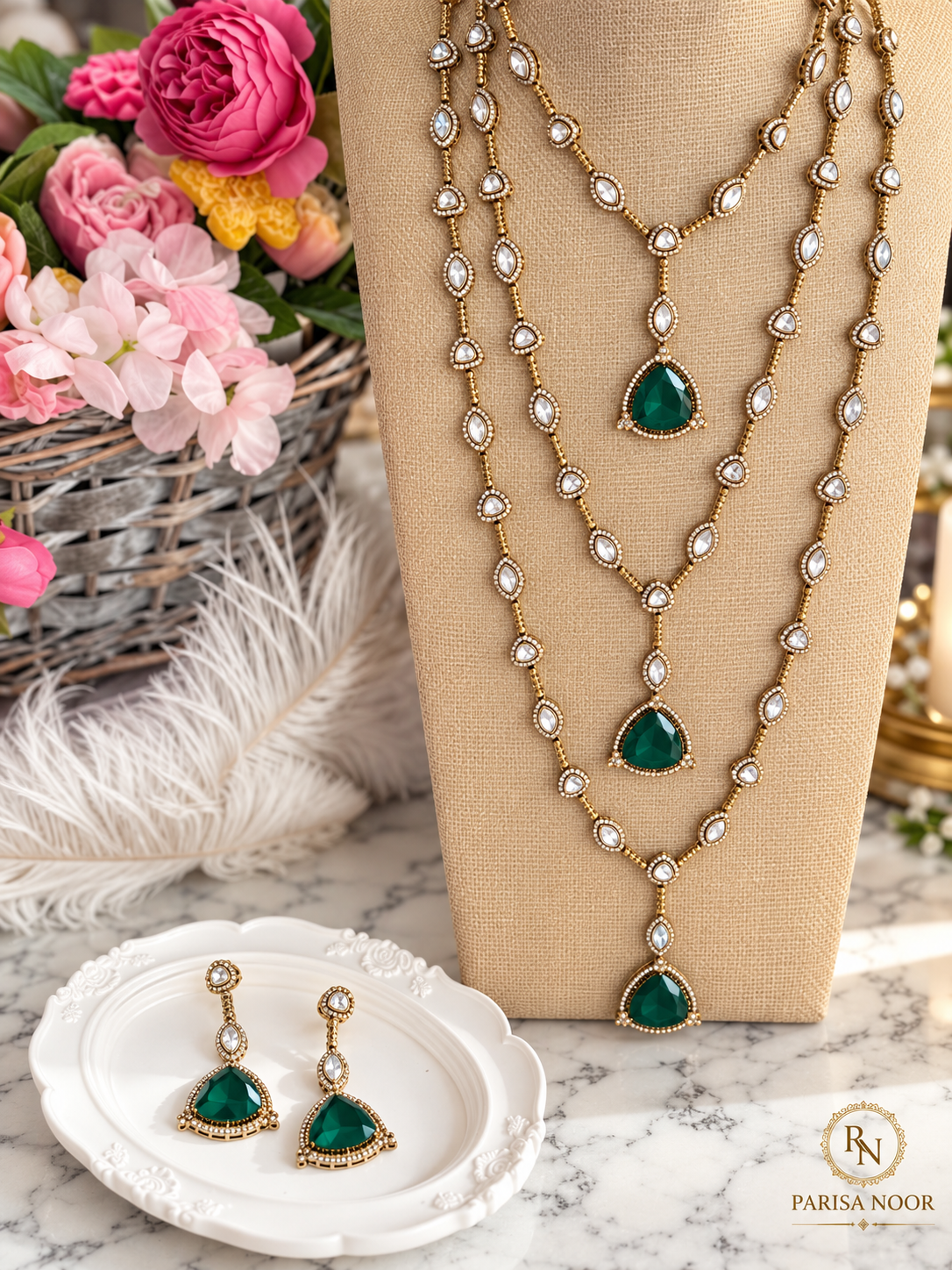 Samyukta Rajrani Emerald Layered Long Necklace Set