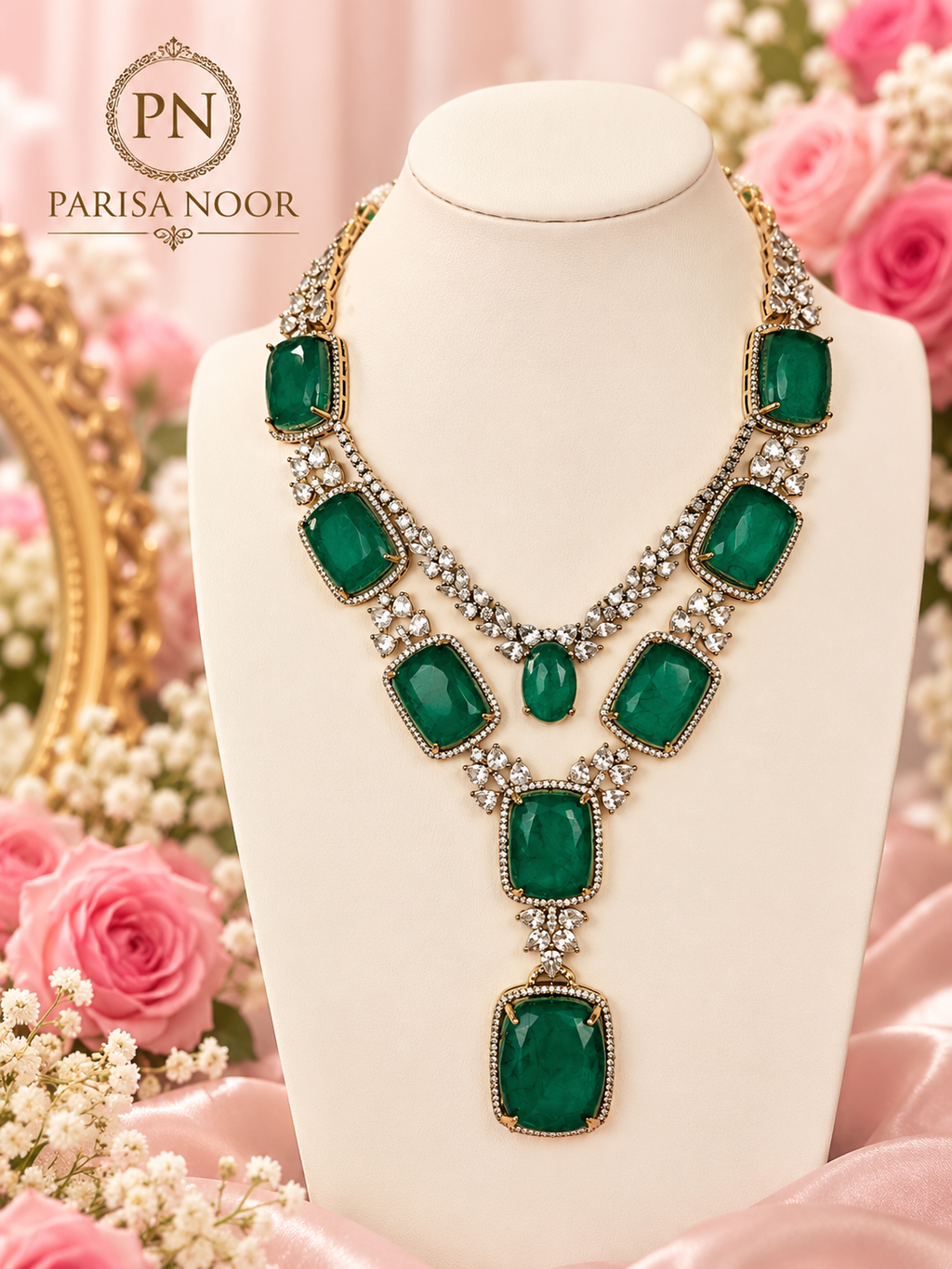 Zarevisha Emerald Green Luxury Semi-Long Necklace Set