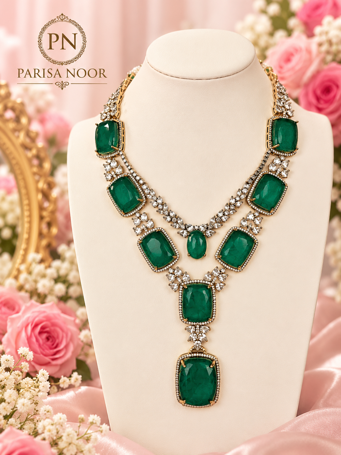 Zarevisha Emerald Green Luxury Semi-Long Necklace Set