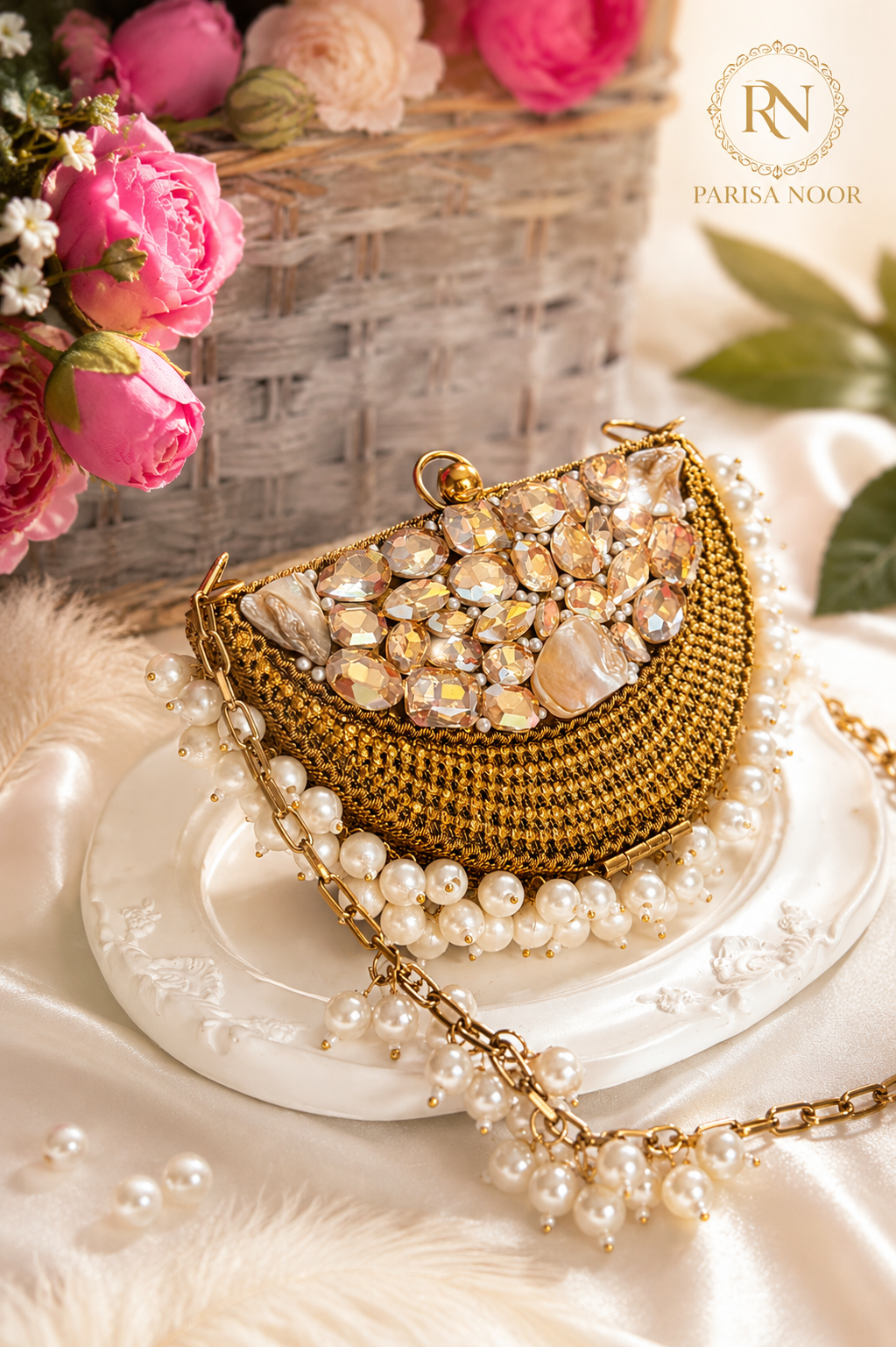Luna Luxe Half Moon Pearl Crystal Mini Clutch