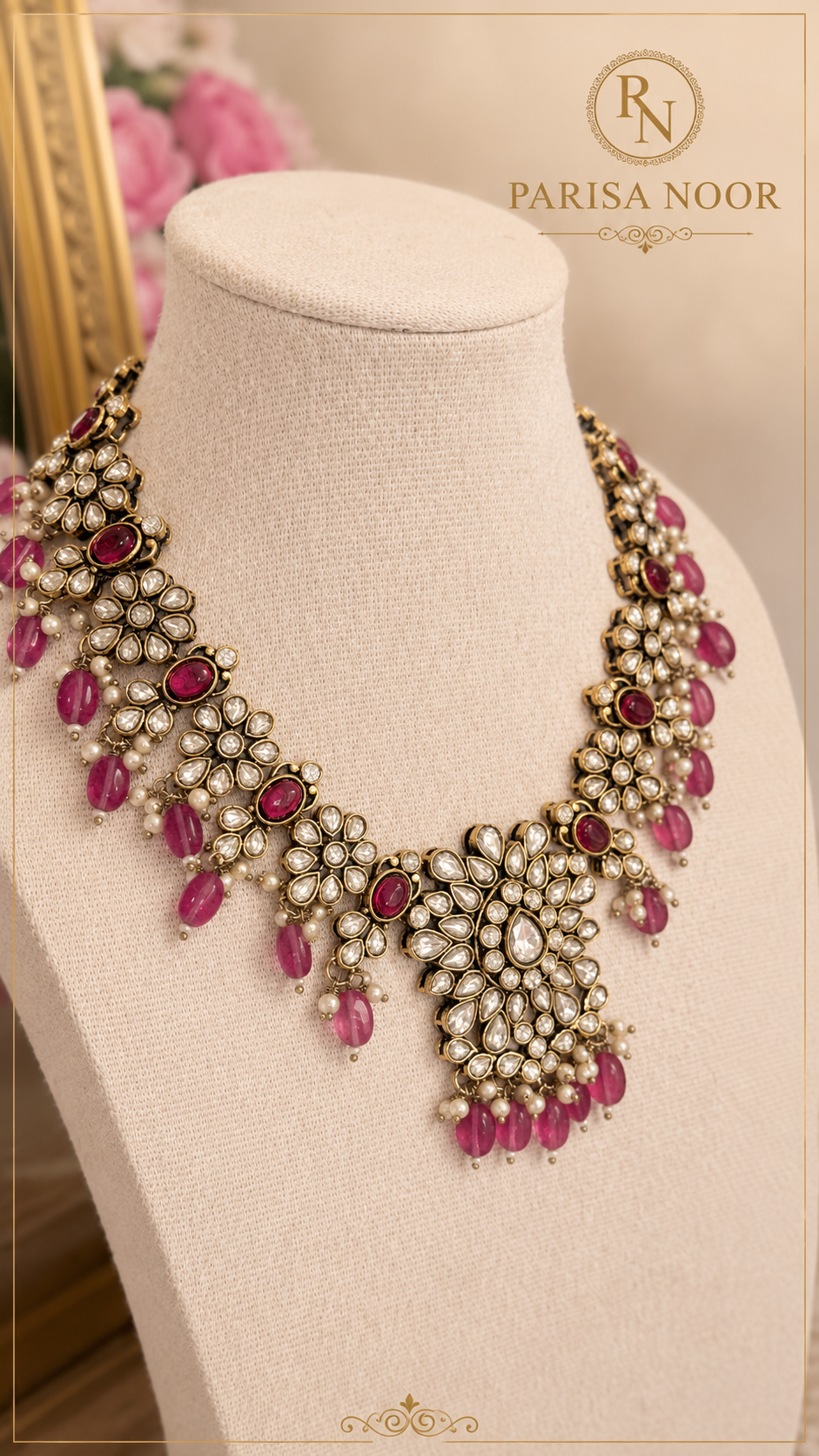 Monalisa Rose Pink Kundan Necklace Set