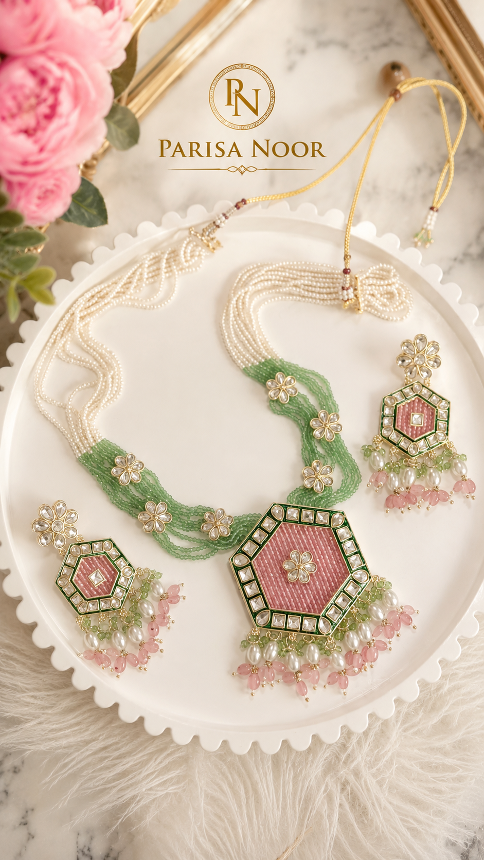 Monica Blush Mint Neelika Long Necklace Set with Earring