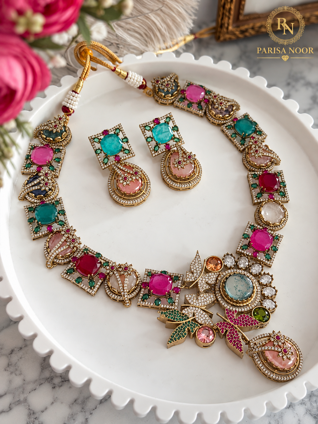 Virelia Premium Multicolour Doublet Designer Semi/Long Necklace Set