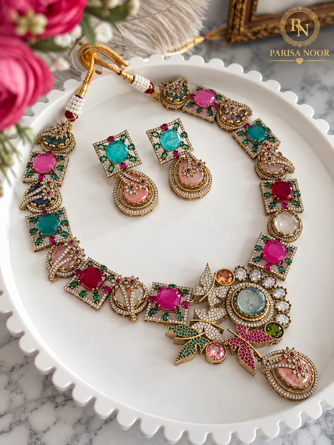Virelia Premium Multicolour Doublet Designer Semi/Long Necklace Set
