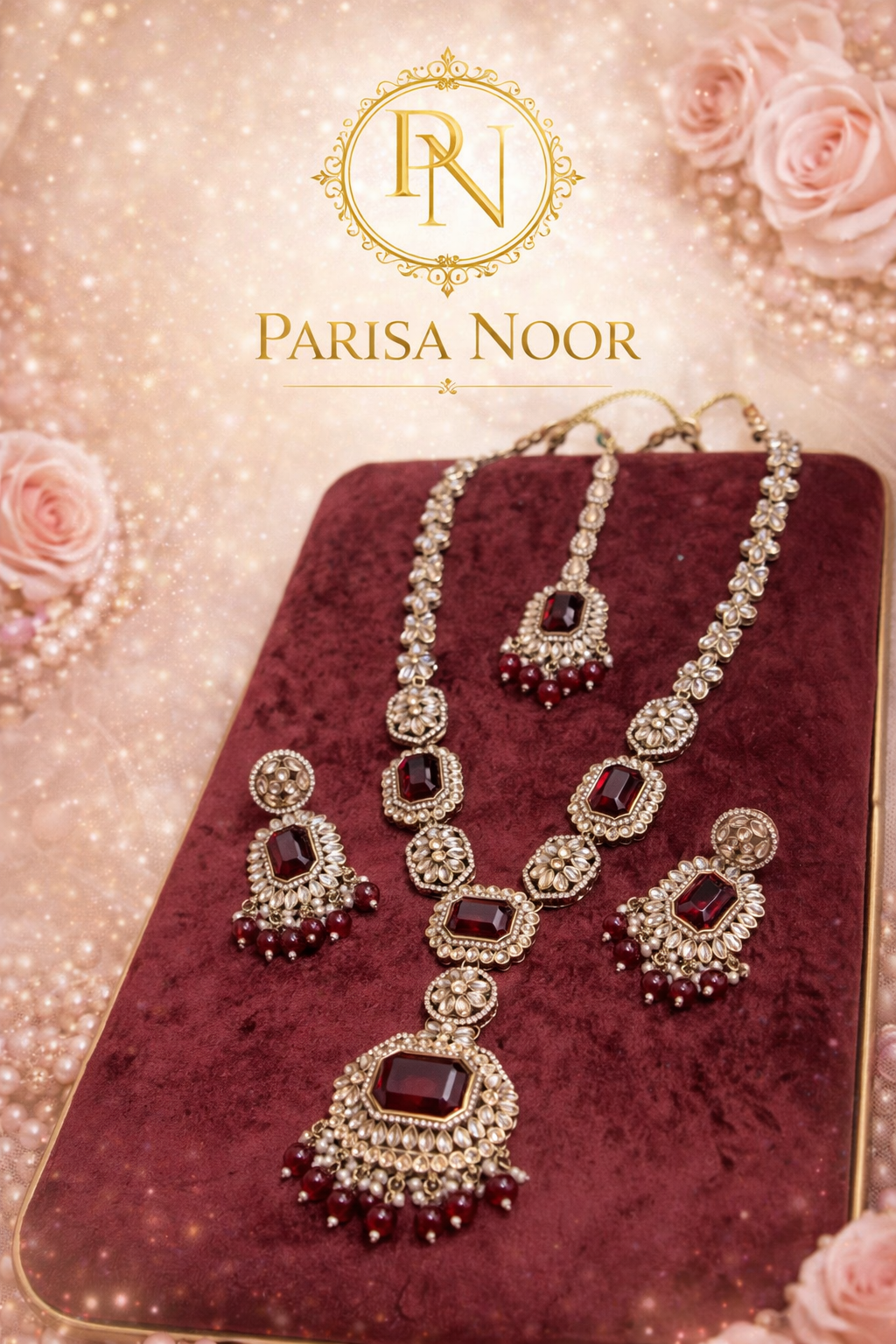 Shalimar Red Premium Polki Long Necklace with Earring and Teeka