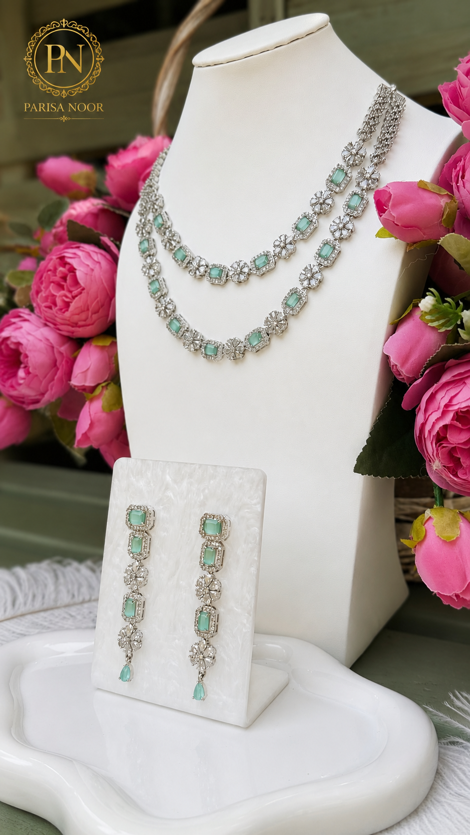 Nayeli Mint Blue Double Layer AD Necklace Set