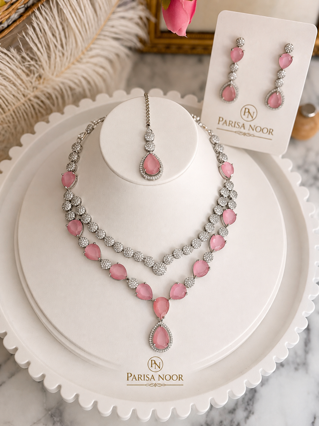 Aarini Luxury Pink AD Necklace Set