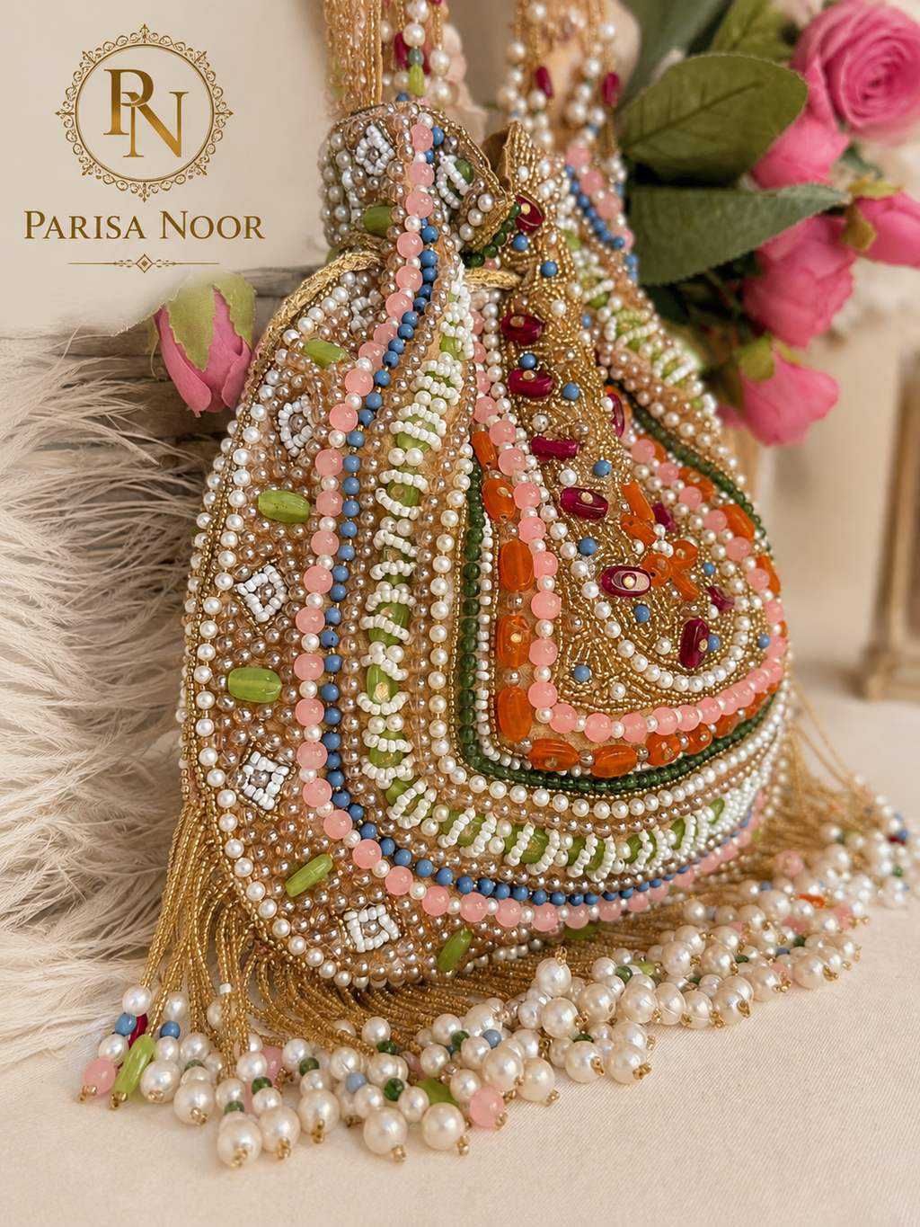 Nazende Multicolour Pearl Embellished Luxury Potli Bag