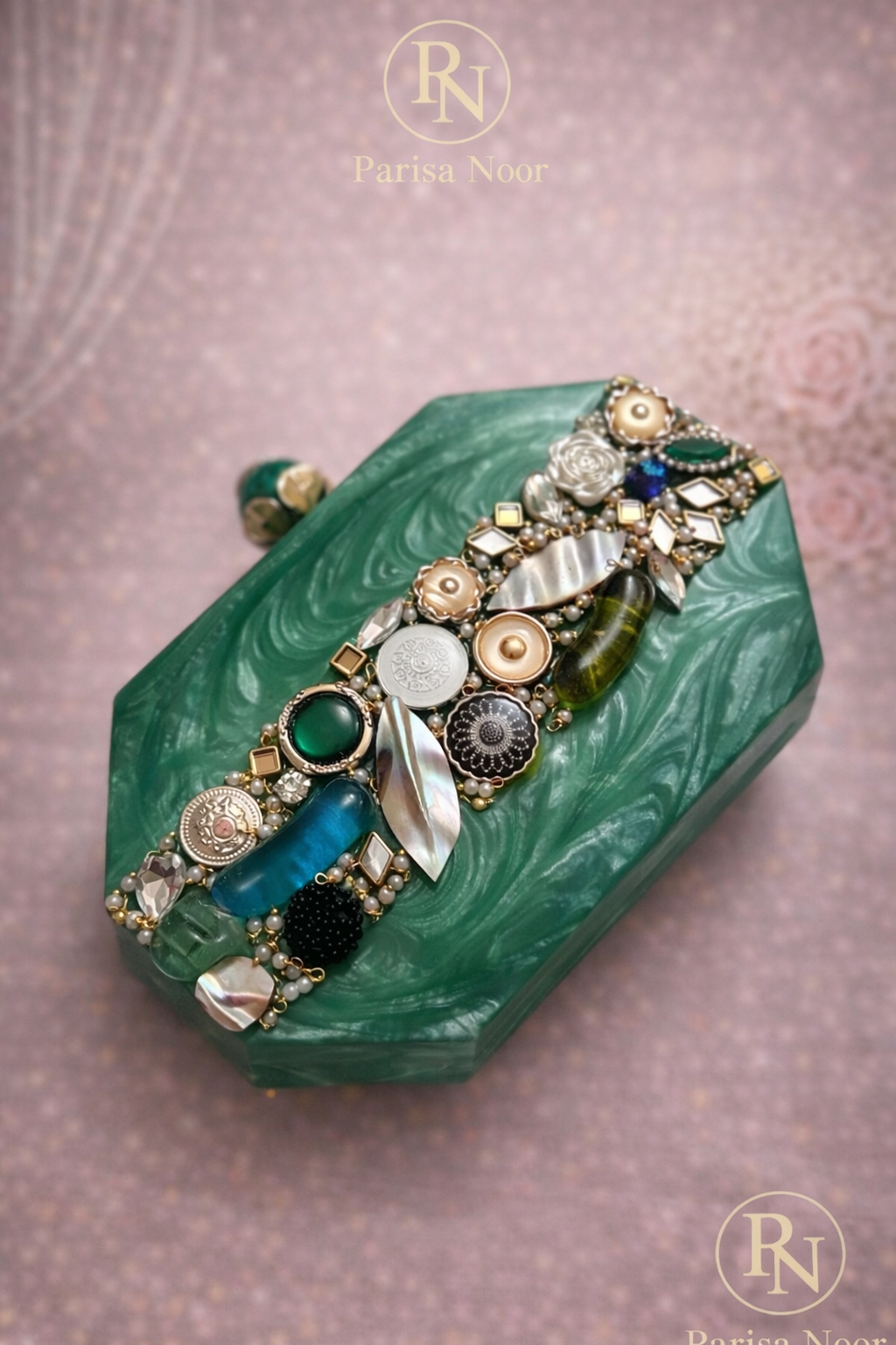 Sabila Embellished Resin Clutch Green