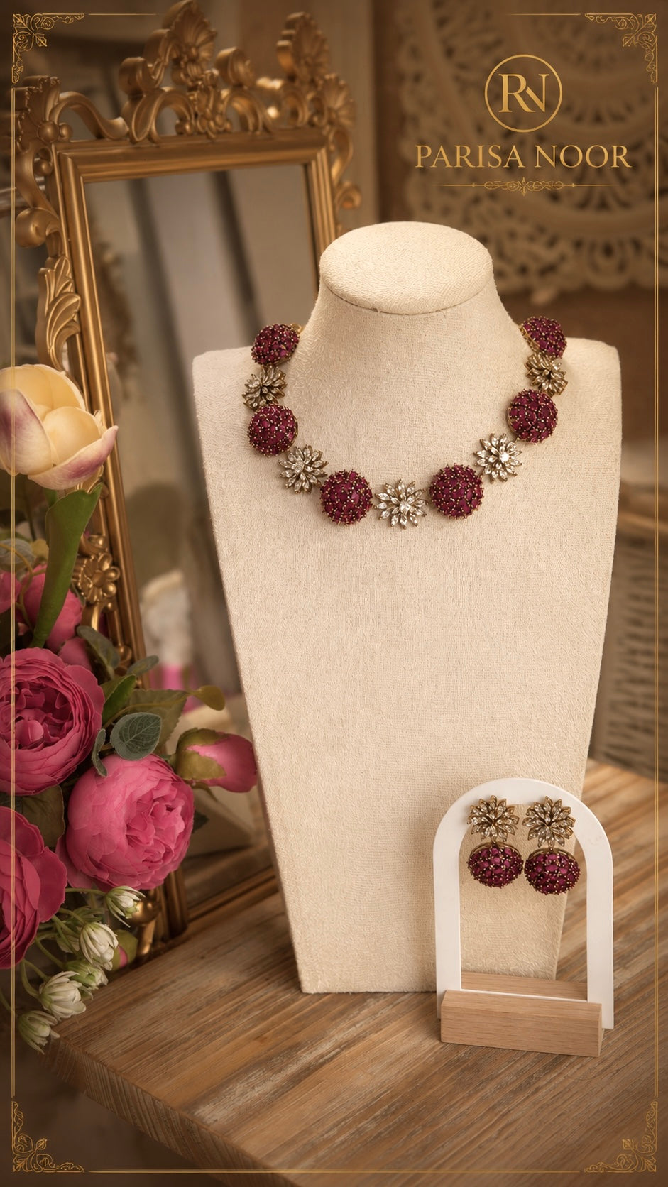 Laila Victorian AD Ruby Pink Necklace Set