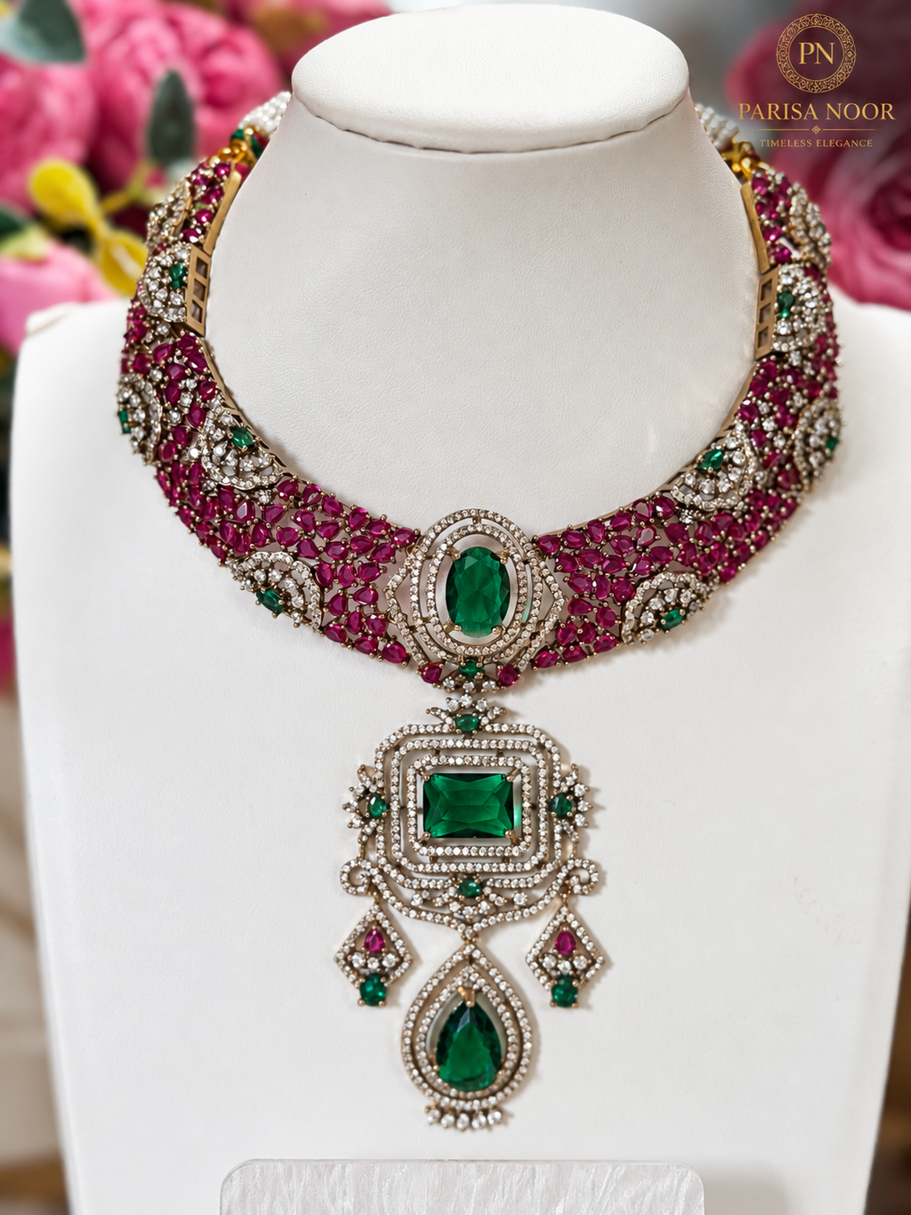 Fariha Premium Designer Victorian AD Moissanite Necklace Set
