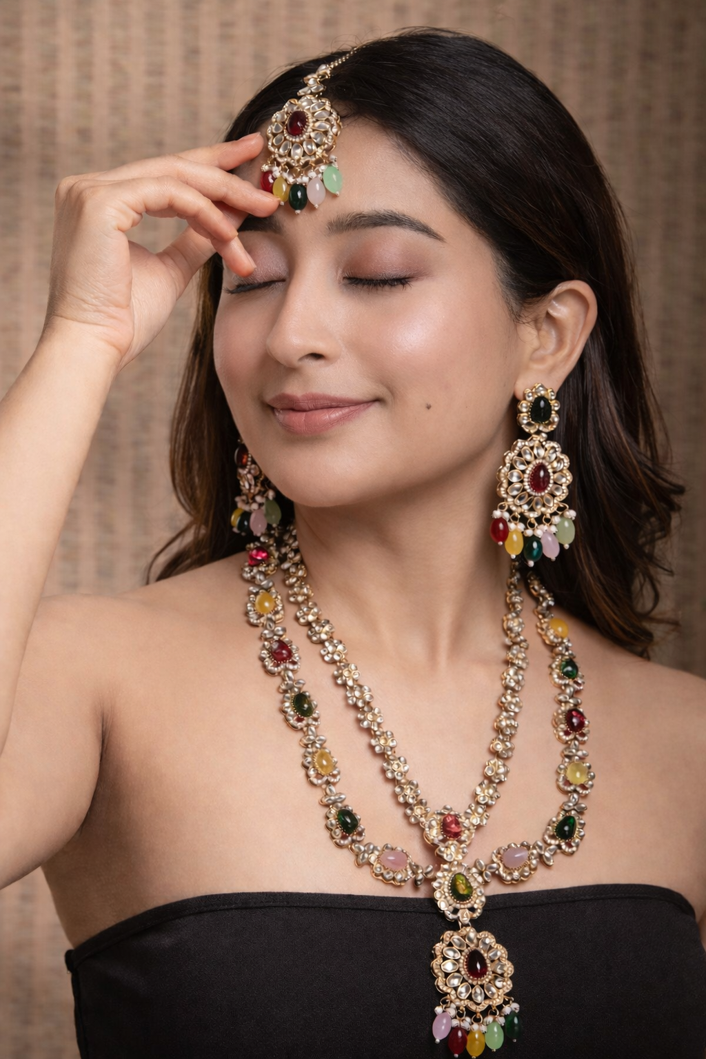 Naveli Multi Premium Layer Kundan Long Necklace with Earring and Mangteeka