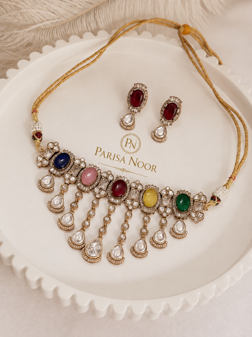 Zareefa Multicolour Waterfall Kundan Necklace Set