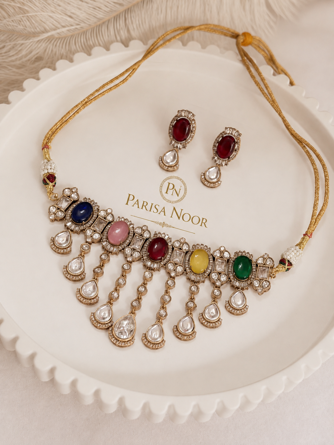 Zareefa Multicolour Waterfall Kundan Necklace Set