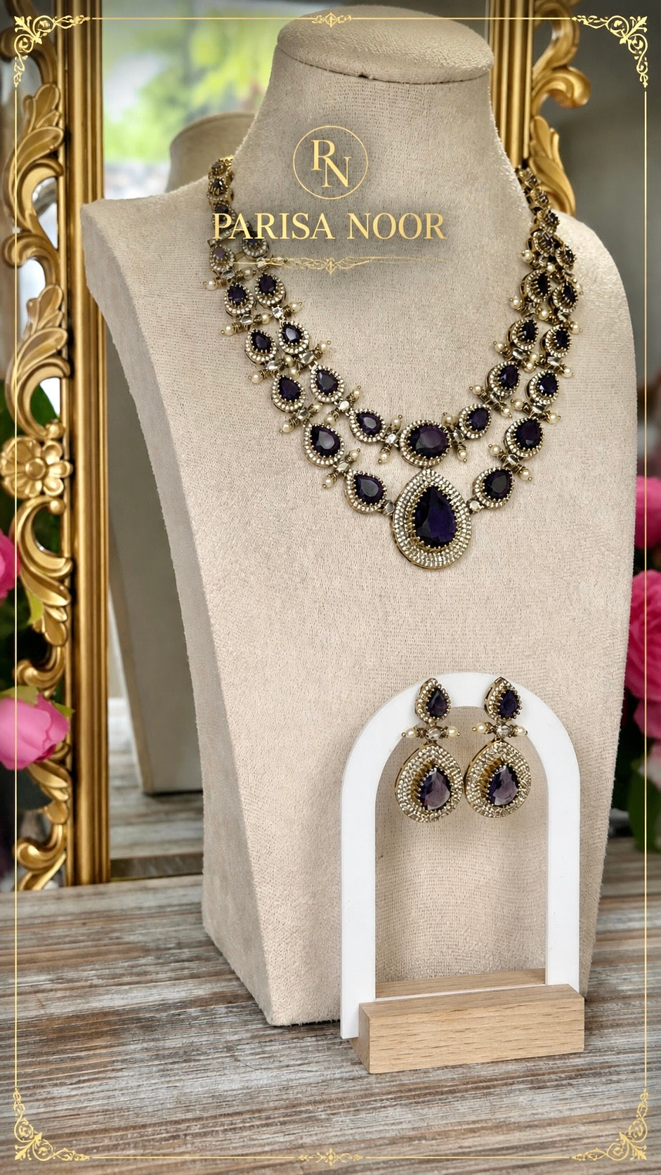 Leena Amethyst Victorian AD Double Layer Necklace Set