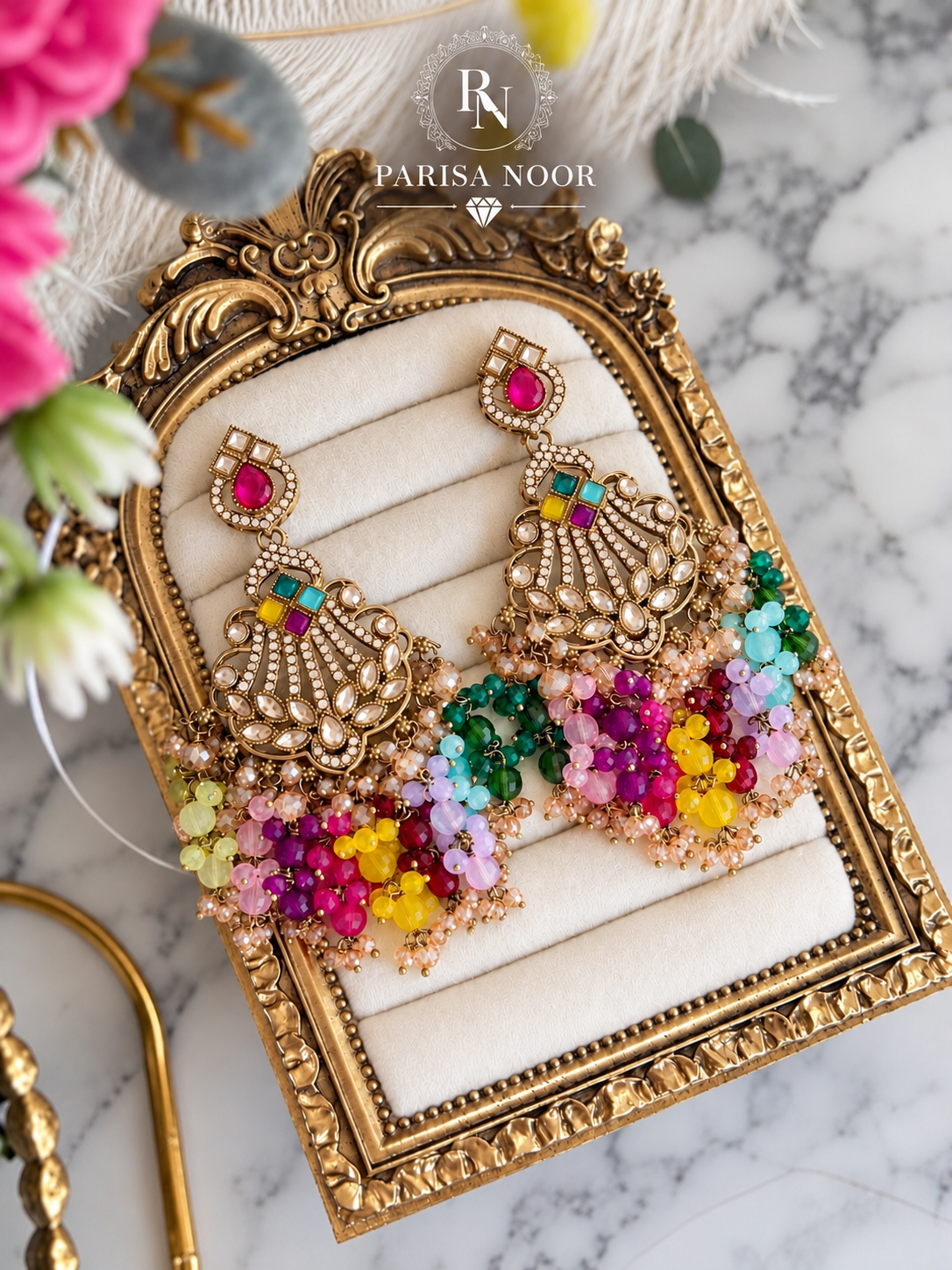 Zavelle Multicolour Kundan Beaded Chandbali Earrings