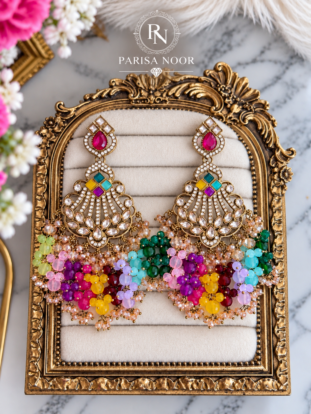 Zavelle Multicolour Kundan Beaded Chandbali Earrings