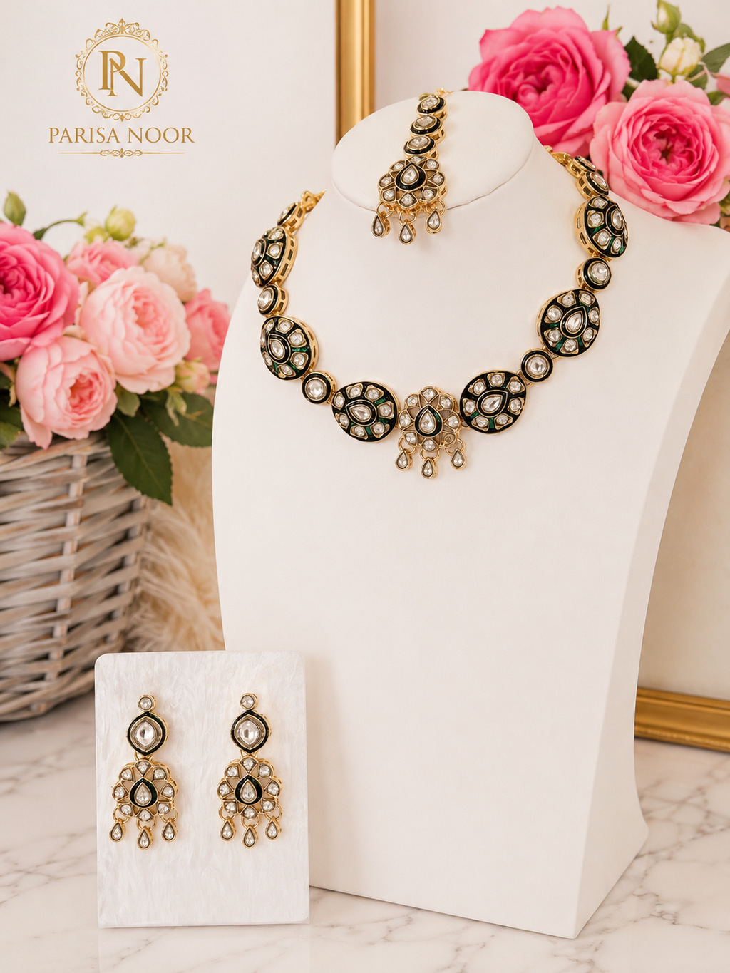 Meherza Kundan Meenakari Green Necklace Set
