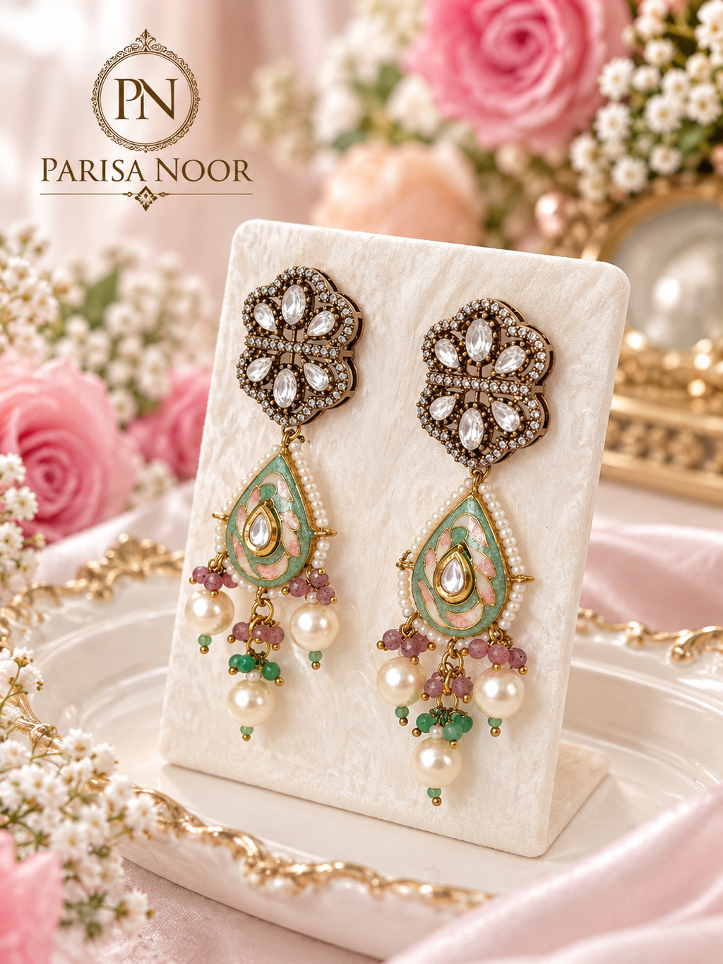 Mehrnaz Pastel Meenakari Luxury Pearl Kundan Necklace Set