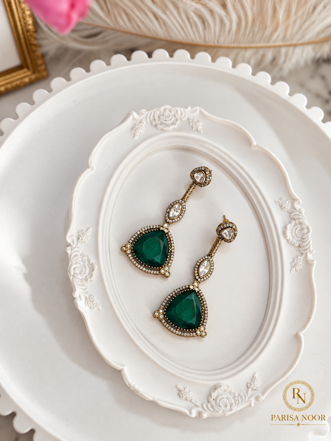 Samyukta Rajrani Emerald Layered Long Necklace Set