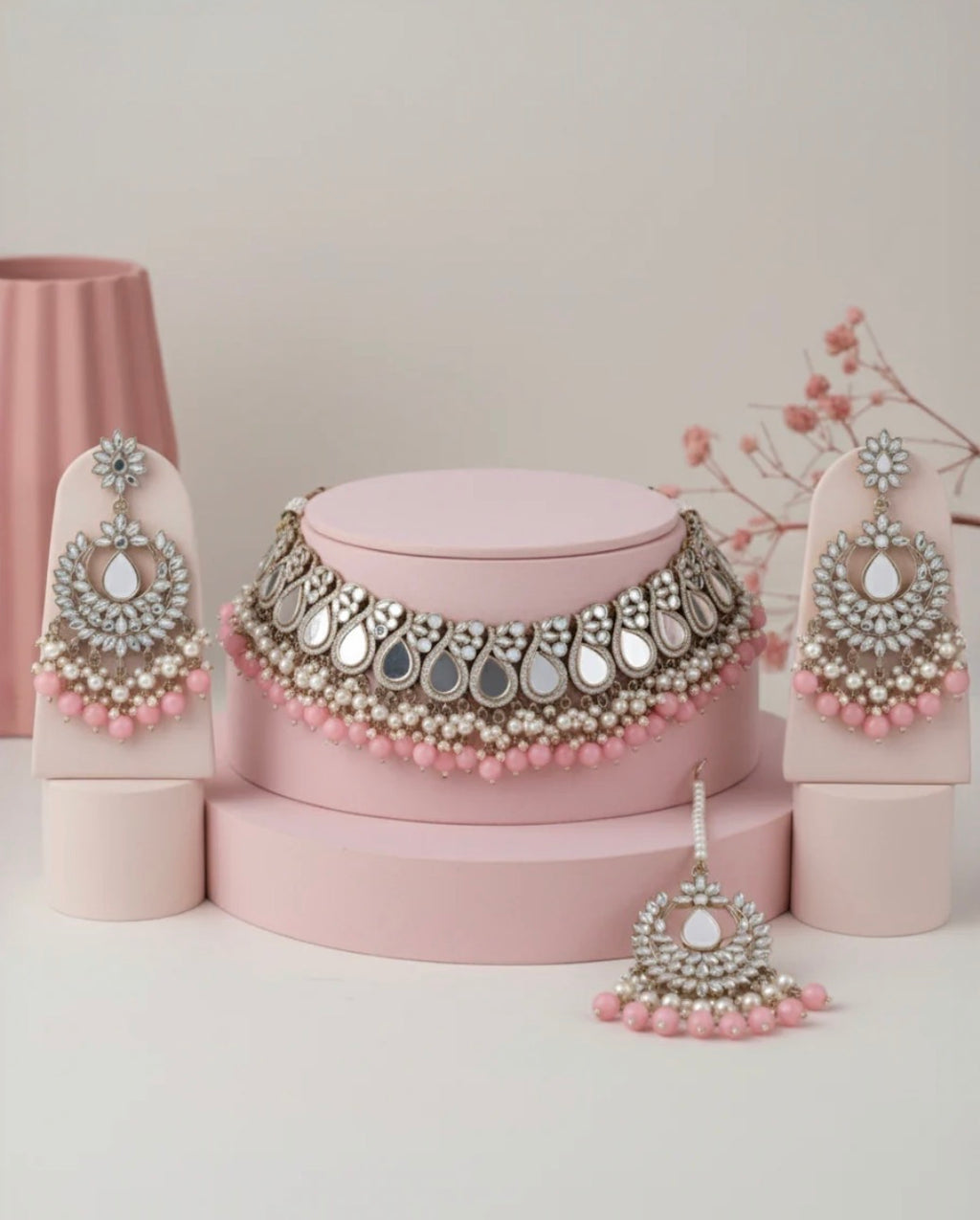 Disha Blush Mirror Necklace Earrings & Maangteeka