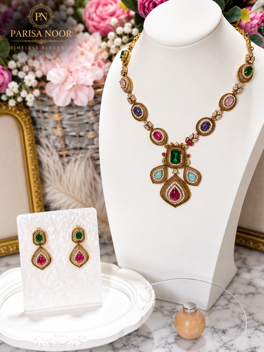 Kashira Multicolour Semi-Long Heritage AD Necklace Set