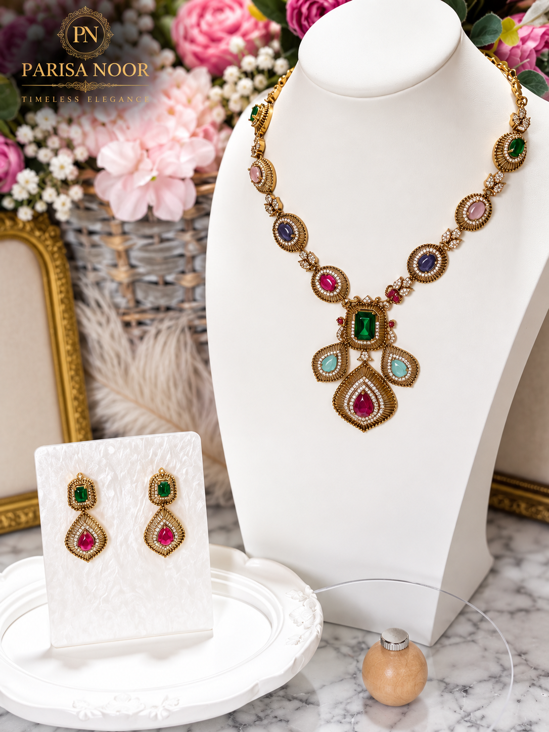Kashira Multicolour Semi-Long Heritage AD Necklace Set