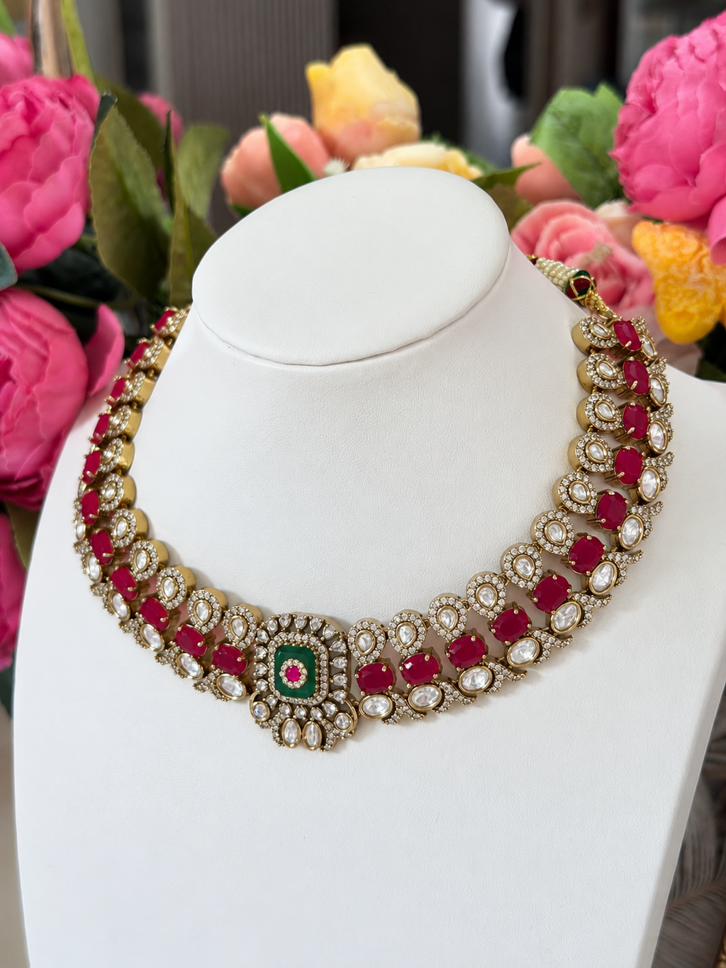 Elvaira Ruby Pink & Mint Green Premium Victorian Designer Necklace Set