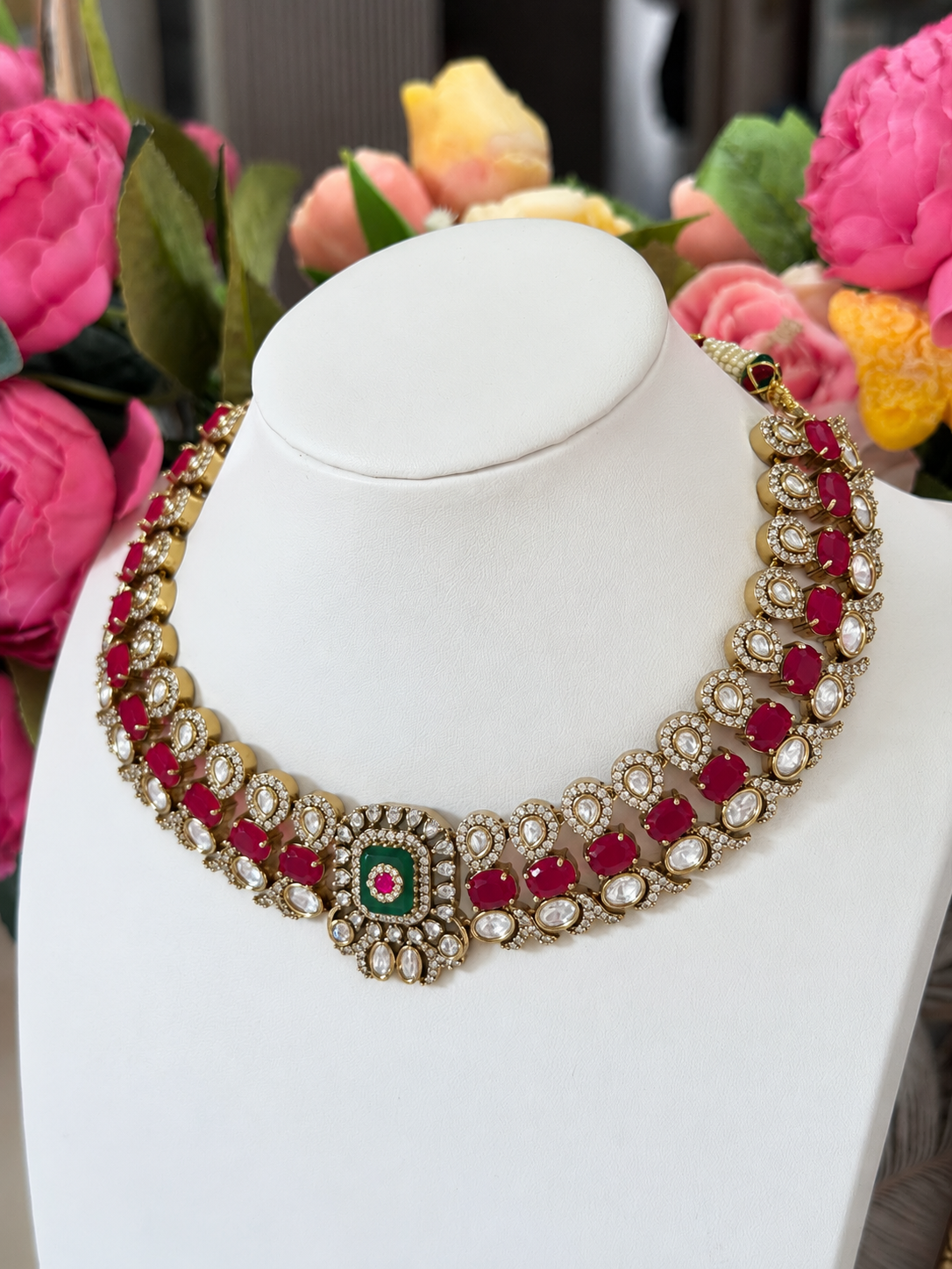 Elvaira Ruby Pink & Mint Green Premium Victorian Designer Necklace Set