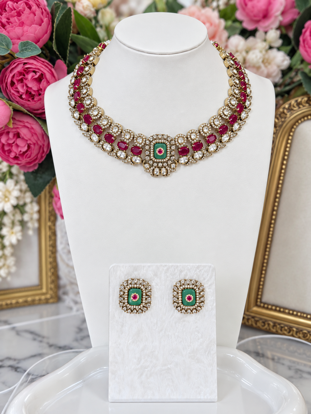 Elvaira Ruby Pink & Mint Green Premium Victorian Designer Necklace Set