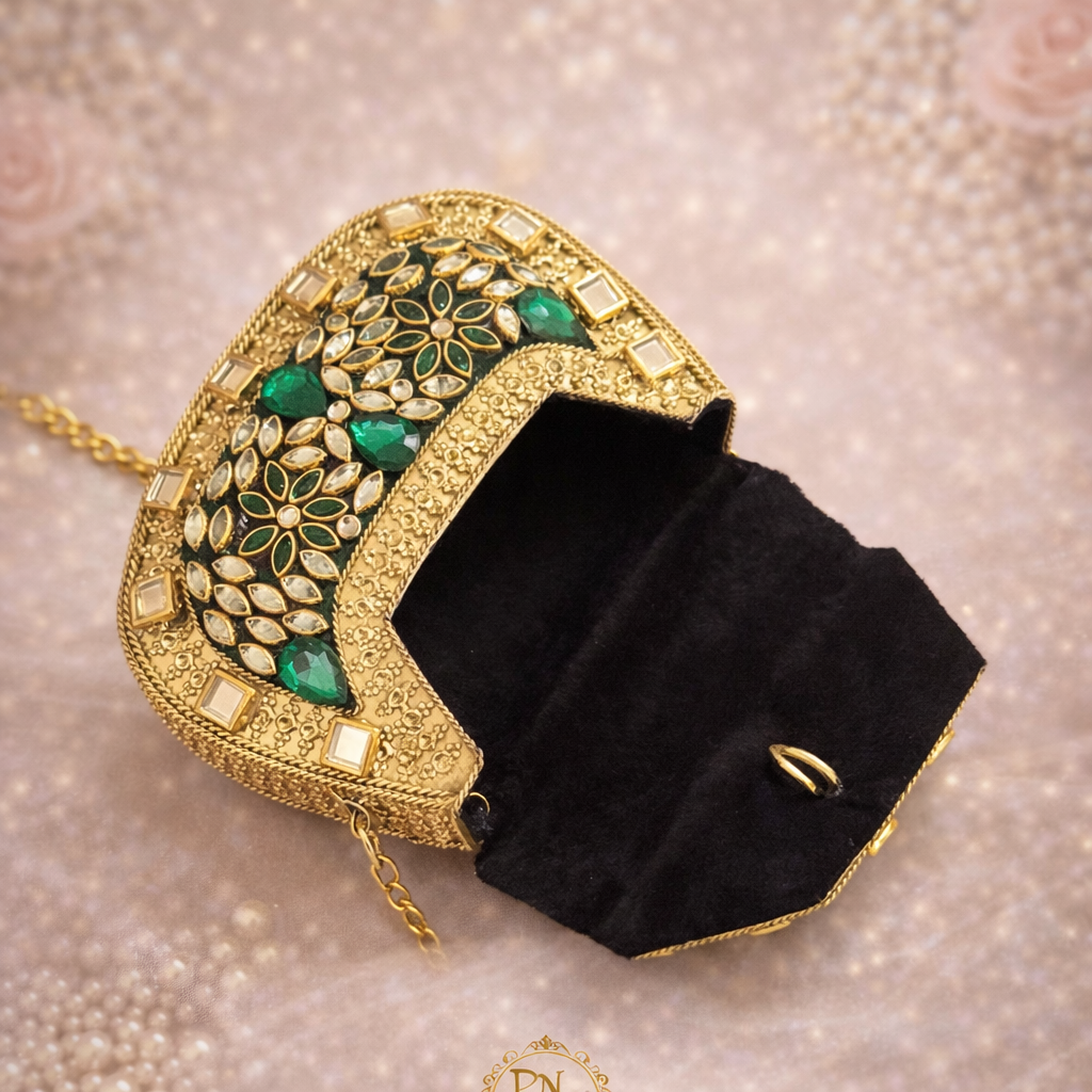 Jessica Kundan Brass Clutch Mini Green