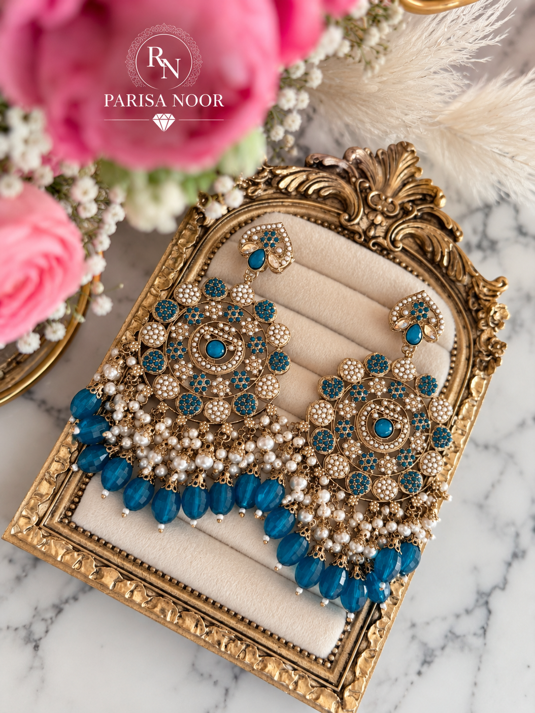 Zafira Turkish Blue Kundan Pearl Statement Earrings