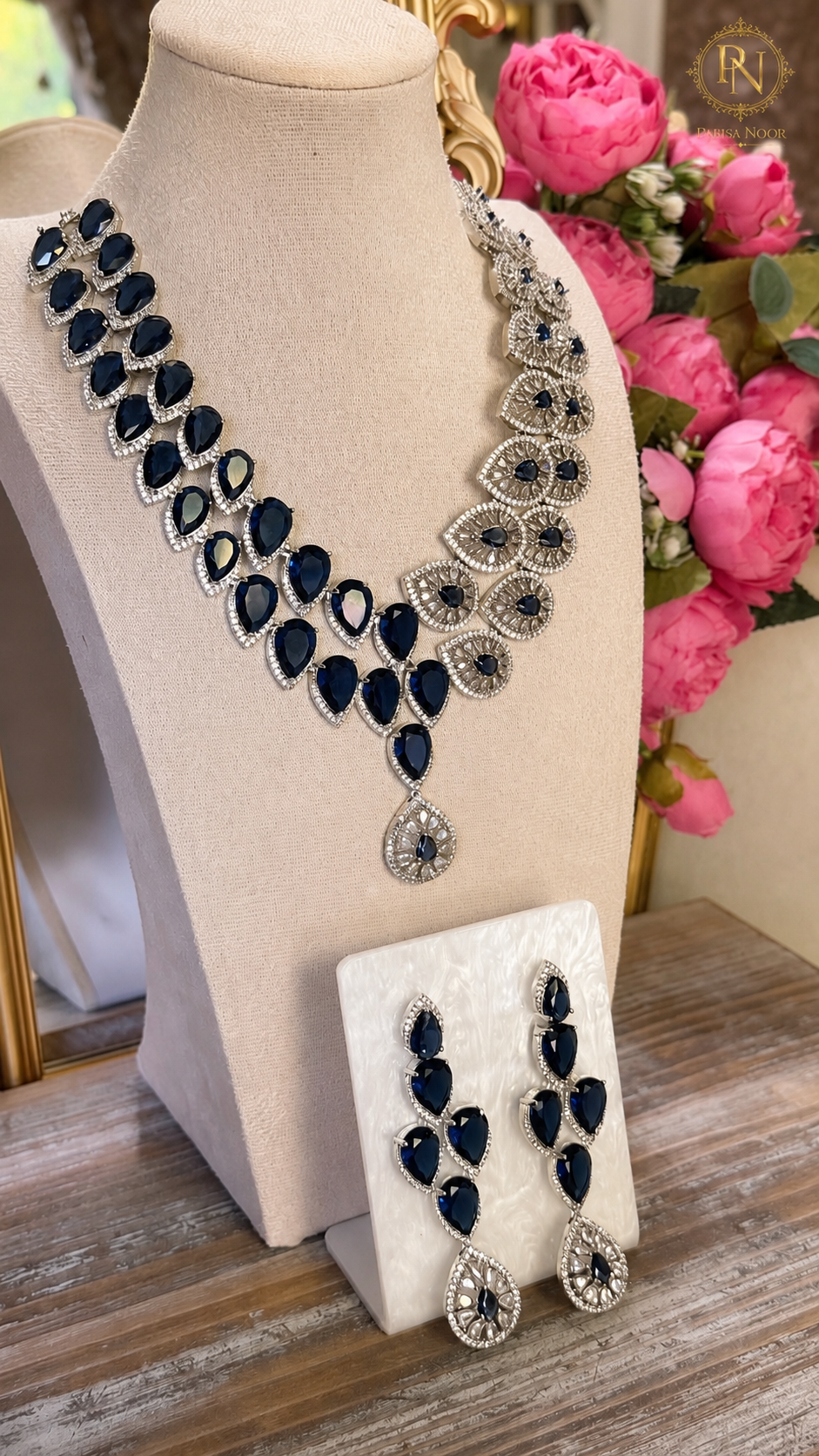 Azura Victorian Moissanite Necklace Set Midnight Blue