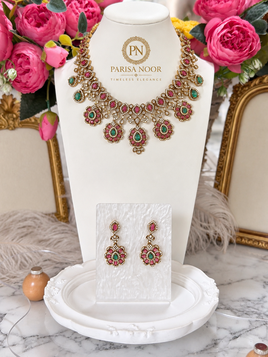 Ravisha Designer Premium Victorian AD Moissanite Necklace Set