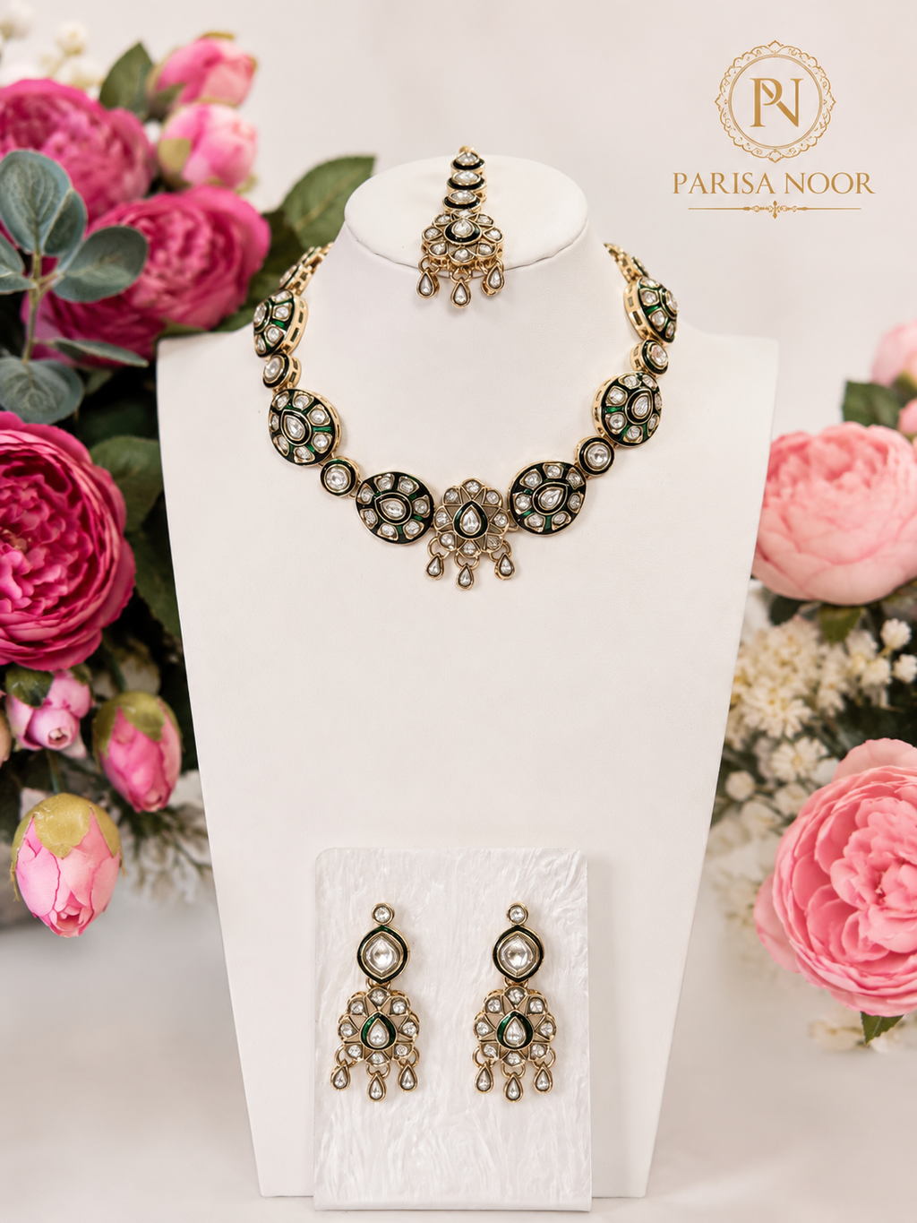 Meherza Kundan Meenakari Green Necklace Set