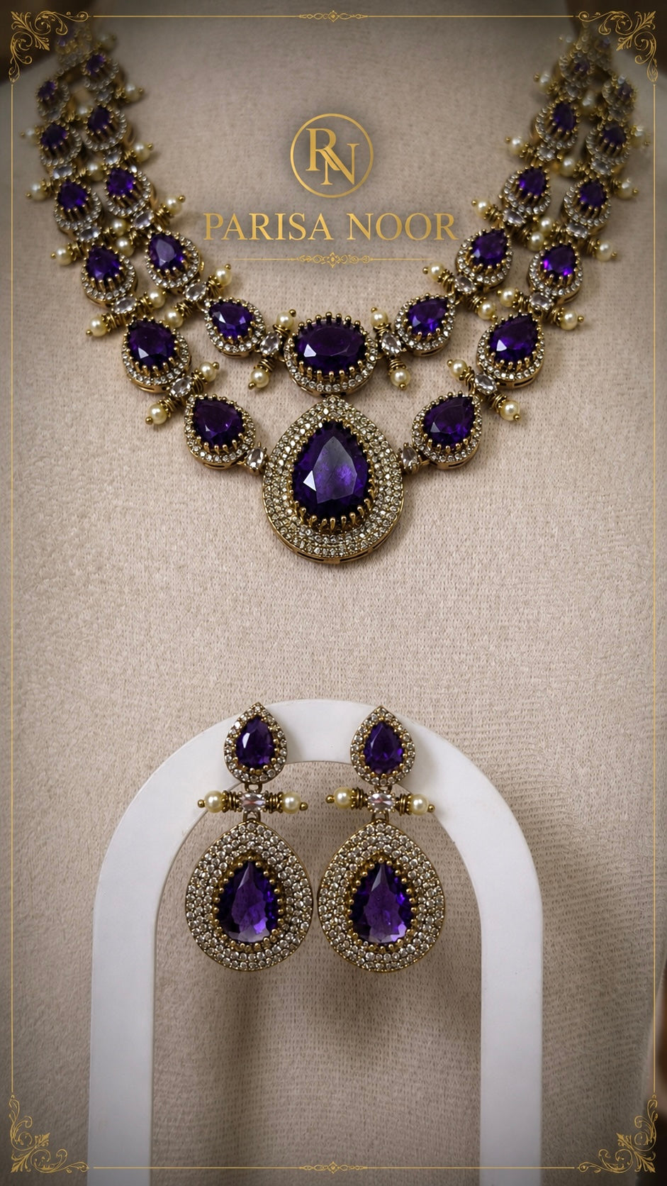 Leena Amethyst Victorian AD Double Layer Necklace Set