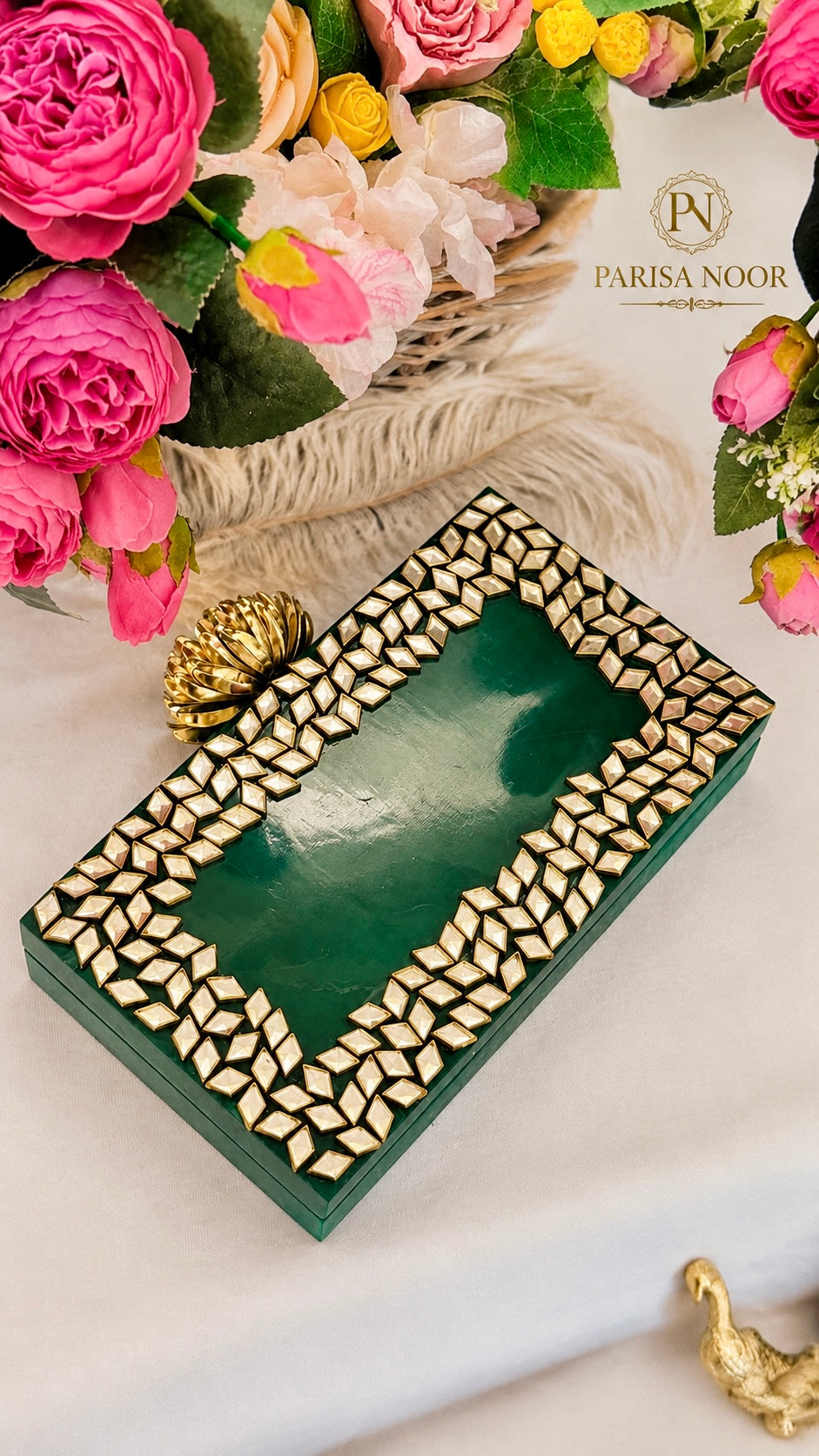 Zara Kundan Green Resin clutch with Pearl Handle
