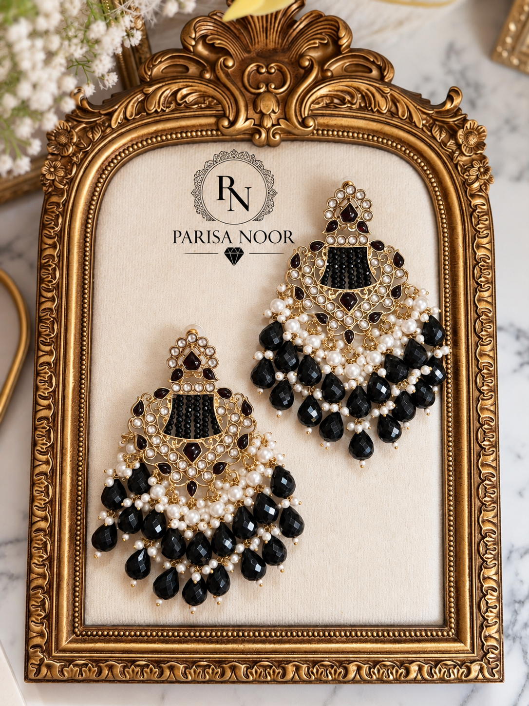 Kavira Black Kundan Pearl Chandbali Earrings