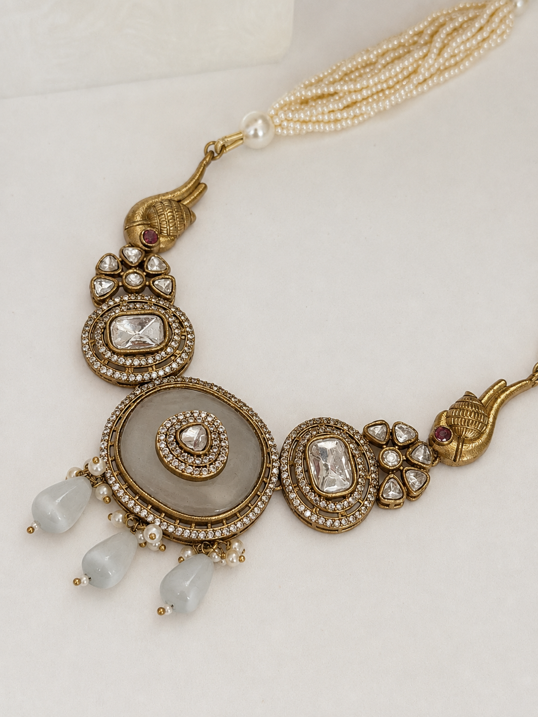 Avni Ivory Polki & Pearl Designer Semi Long Necklace Set